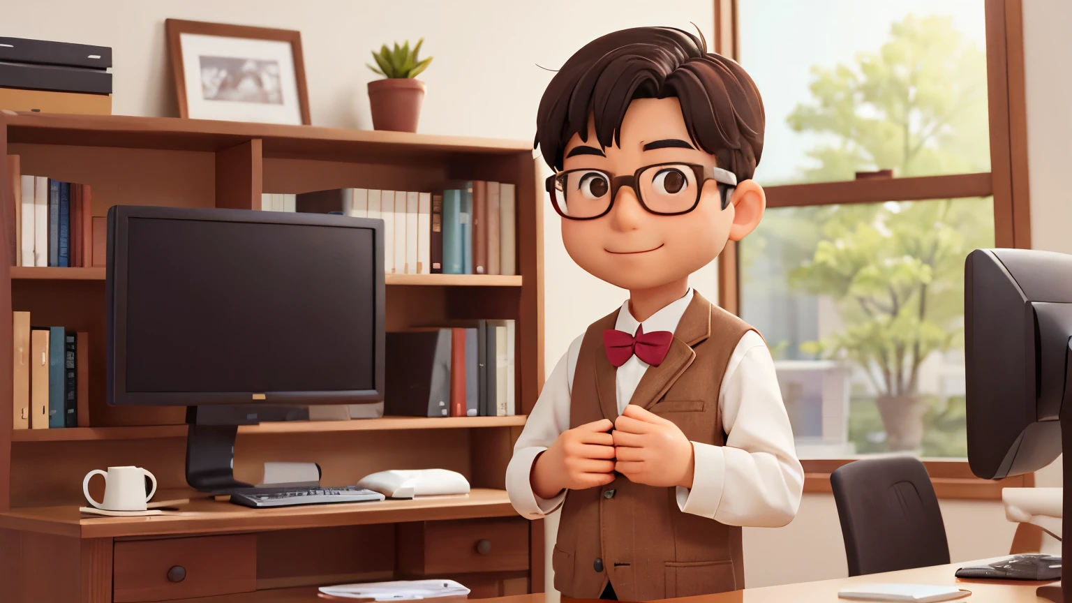A scene featuring a neat and tidy Japanese man in his 50s., Very realistic face, Small, Cute, round eyes、Standing with hands in pockets, Smooth Skin, round face, Wearing scholar-style glasses, The body is facing straight ahead towards the camera., looking at viewer, smile, Wearing a brown tweed blazer, White shirt with bow tie, The background is a clean and bright office, Modern desk with bookshelf and computer