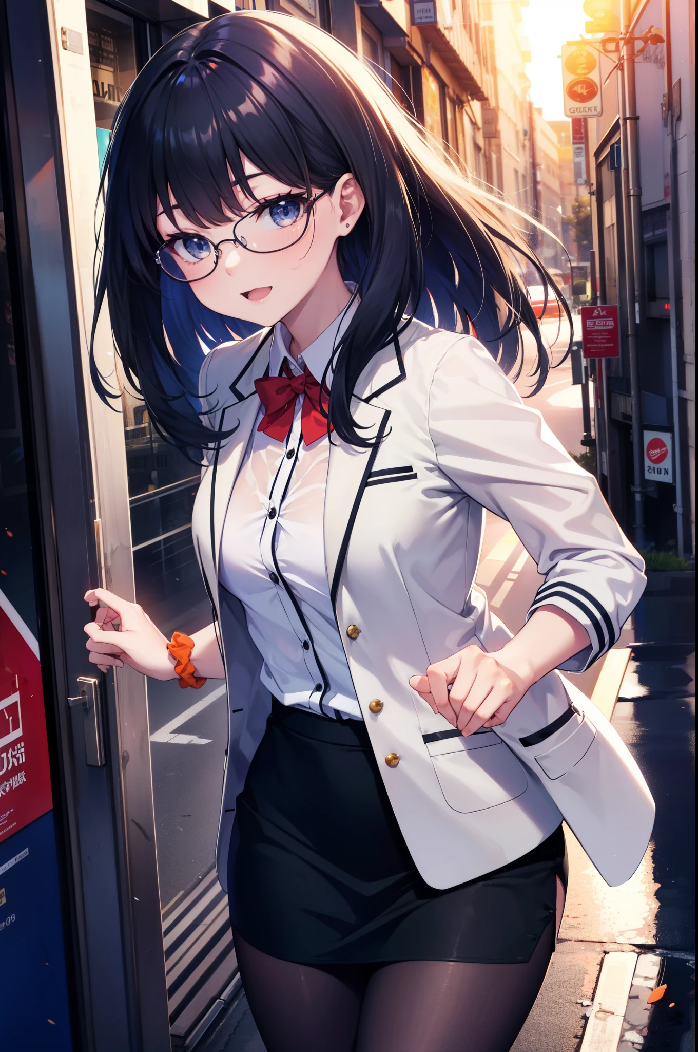 Rikka body, rikka takarada, Black Hair, blue eyes, Long Hair, happy smile, smile, Open your mouth,orange Scrunchie, Scrunchie, wrist Scrunchie,OL, Akagi glasses, black suit jacket, Collared jacket, White dress shirt, Collared shirt, Neckline, button, Black pencil skirt, Black pantyhose,Stiletto heels,evening,sunset,The sun is setting,walking,So that the whole body goes into the illustration,
break outdoors,In town,Building district,シティストリート
break looking at viewer, (Cowboy Shot:1.5),
break (masterpiece:1.2), highest quality, High resolution, unity 8k wallpaper, (figure:0.8), (Beautiful fine details:1.6), Highly detailed face, Perfect lighting, Highly detailed CG, (Perfect hands, Perfect Anatomy),
