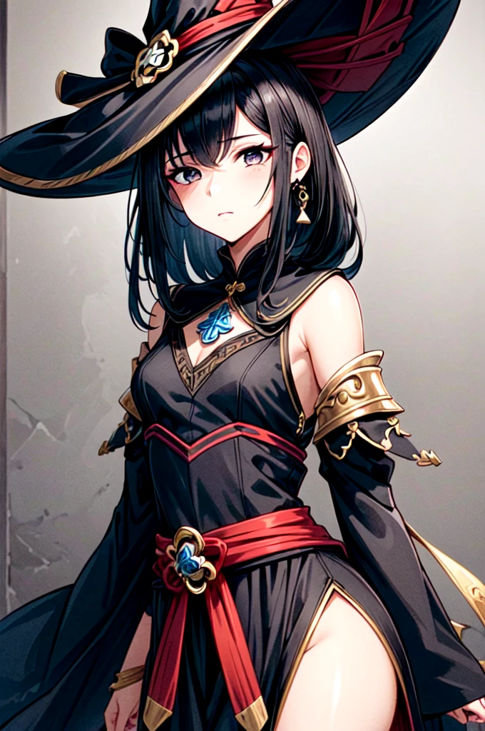 masterpiece, best quality, 1women, adult, female focus, solo, medium black hair, vibrant black eyes, looking at viewer, closed mouth, emo, Fantasy aesthetics, Highly detailed, shadowverse style, wearing witch hat and clothes from genshin impact