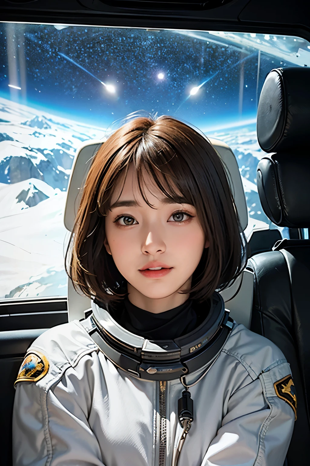 highest quality、masterpiece、Ultra-high resolution、(Real:1.4)、Beautiful woman１、Beautifully detailed eyes and skin、Light brown short hair、small smile、Full space suit、Space Station、Spaceship、Cloudy、Sci-Fi Taste、Movie quality、