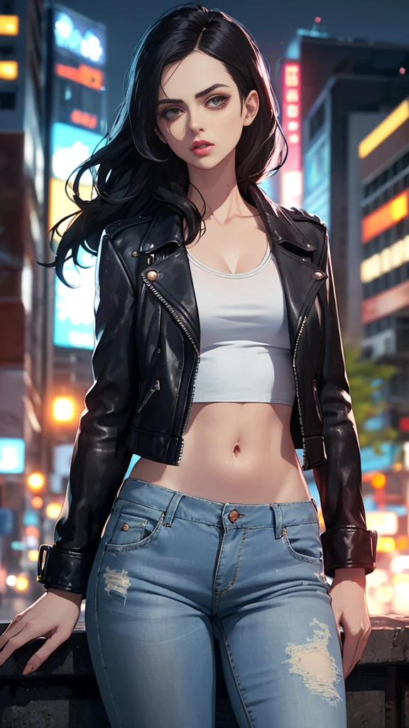 (Highly quality, masterpiece, detailed), night city detailed scenario, night city detailed background, solo, jessicajones, black hair, long hair, black leather jacket, jeans, white crop top, navel, perfect face, beautiful eyes, looking at the viewer, Sexy pose