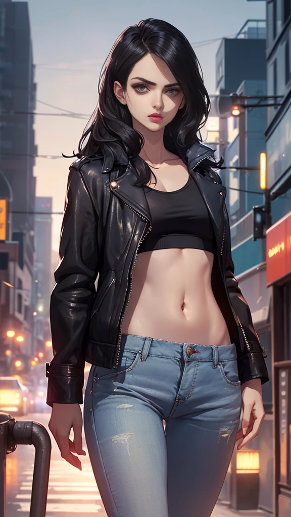 (Highly quality, masterpiece, detailed), night city detailed scenario, night city detailed background, solo, jessicajones, black hair, long hair, black leather jacket, jeans, white crop top, navel, perfect face, beautiful eyes, looking at the viewer, Sexy pose