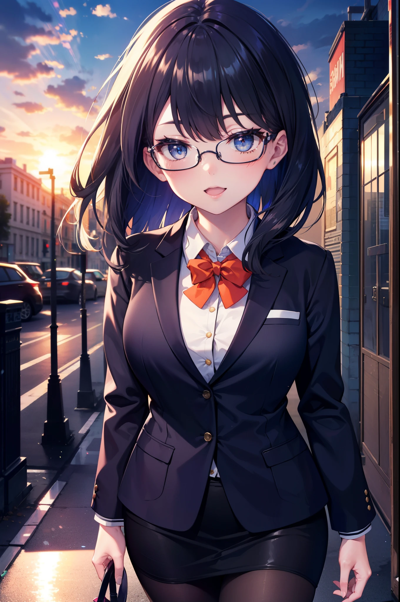 Rikka body, rikka takarada, Black Hair, blue eyes, Long Hair, happy smile, smile, Open your mouth,orange Scrunchie, Scrunchie, wrist Scrunchie,OL, Akagi glasses,  black suit jacket, Collared jacket, White dress shirt, Collared shirt, Neckline, button, Black pencil skirt, Black pantyhose,Stiletto heels,evening,sunset,The sun is setting,walking,So that the whole body goes into the illustration,
break outdoors,In town,Building district,シティストリート
break looking at viewer, (Cowboy Shot:1.5),
break (masterpiece:1.2), highest quality, High resolution, unity 8k wallpaper, (figure:0.8), (Beautiful fine details:1.6), Highly detailed face, Perfect lighting, Highly detailed CG, (Perfect hands, Perfect Anatomy),