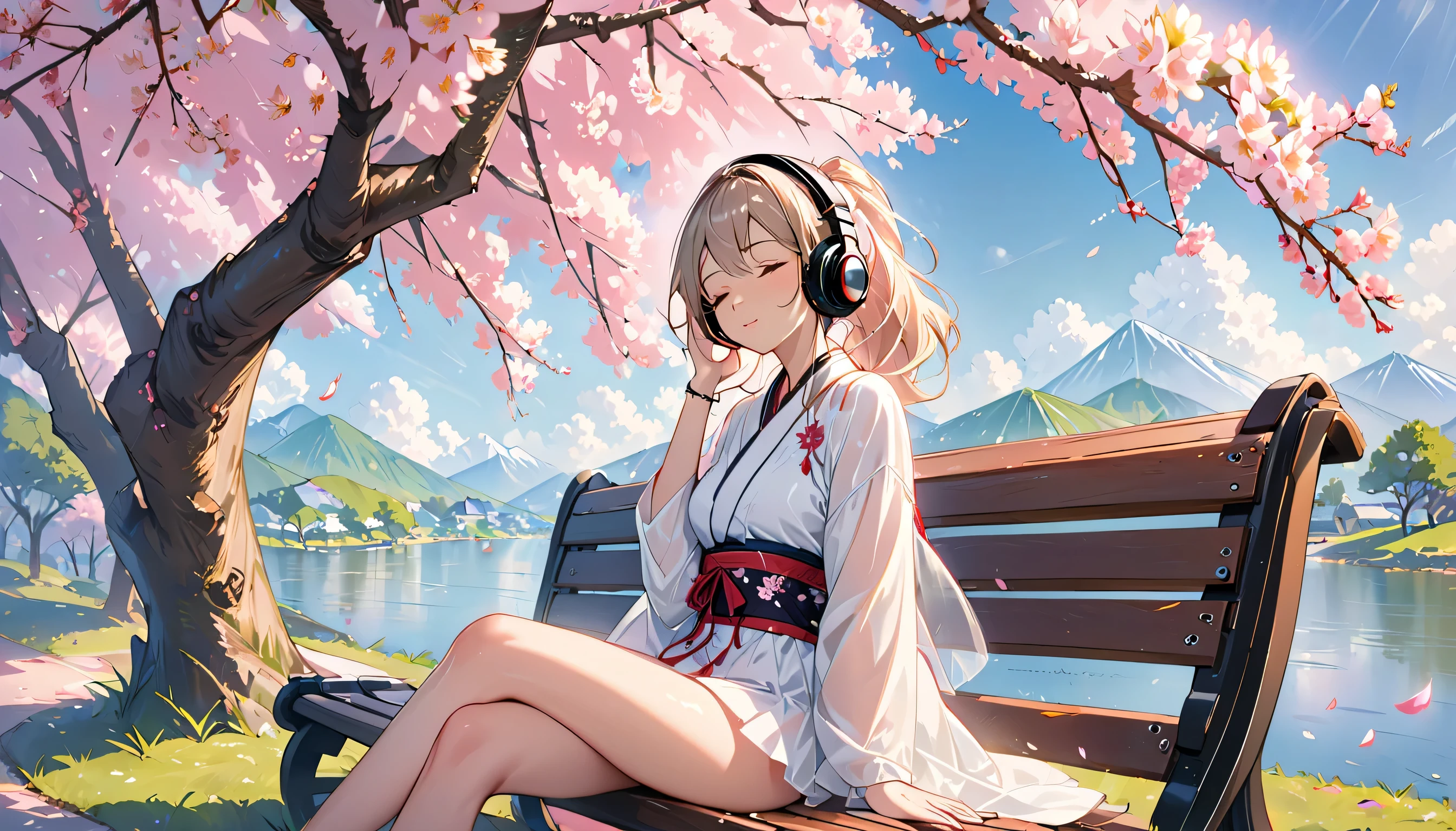 ((best quality)), ((masterpiece)), (detailed), perfect face, sitting under the cherry blossom tree, listening to music, One woman, wearing headphones, eyes closed, wearing underwear, underwear is transparent, sitting on a bench
