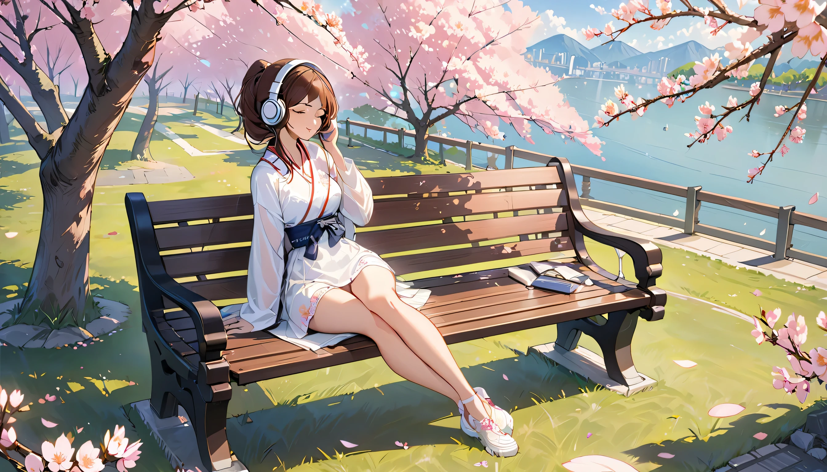 ((best quality)), ((masterpiece)), (detailed), perfect face, sitting under the cherry blossom tree, listening to music, One woman, wearing headphones, eyes closed, wearing underwear, underwear is transparent, sitting on a bench
