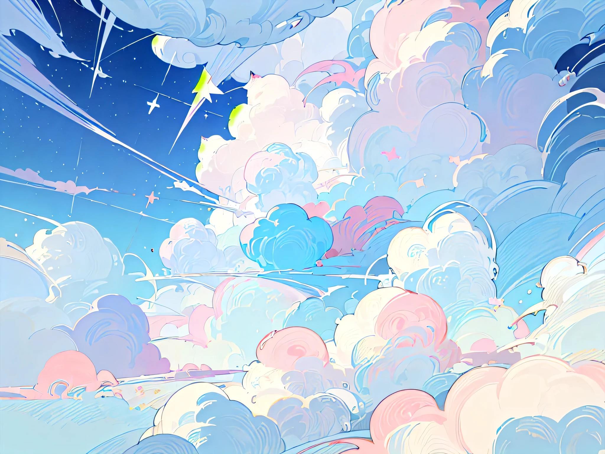 (((masterpiece))), (((Best quality))), background wallpaper, Fantastic room with cats with a bunch of clouds in white, blue and pink flowers. many fantastic clouds, stars are visible, no people. many cute cats, there are characteristic curls in the clouds. many lines in the clouds. pastel colors. many cats and cats of different colors. cats and cats walk, are flying, Float