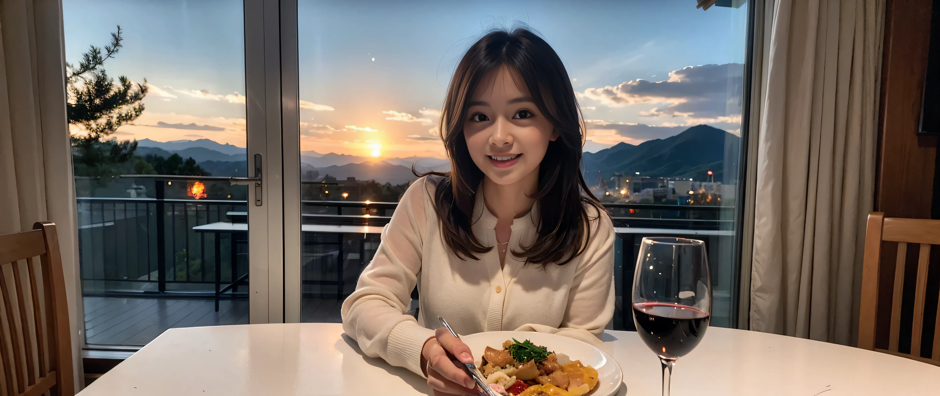 ((highest quality、8k、masterpiece:1.harp focus:1.2、Beautiful woman perfect body:1.4、Sliody、((Bob Hale、Straight hair:1.2))、(to be born, highest quality, masterpiece:1.5), (Realistic, Intricate details:1.2), Ultra-high resolution, Spectacular view of the sunset sky and clouds、Amazing mountain views、A bright smile、wine glass、red wine 、Appetizer、Italian food、Wine bottle、Champagne、sparkling wine、, Beautiful Face, blue eyes, The light shines on your face, Blushing, short hair,Bright Face、Fox face、 (44 years old), 39 years old, Lady、Two beauties、brown hair、Shortcuts、Long sleeve shirt、dress、Pretty Woman 1, (slim face), (The body is slim), (brown hair), (Shortcuts), cheeks turn a little red,charming beauty、, Out of the window, A beautiful and detailed night view unfolds.........., restaurant, In a prominent place (From the waist up) Nova Frog Style, actress, model, Upper Body, White wine, slim, wine glass, wine glass placed in the middle, smile, (smile: 1.15), Beautiful fine grain, Depth f/2,saturation, High Contrast, Strong light and shadow,Moist Body:1.5、3D texture、Delicate eyes、brown hair、The hair is very shiny、