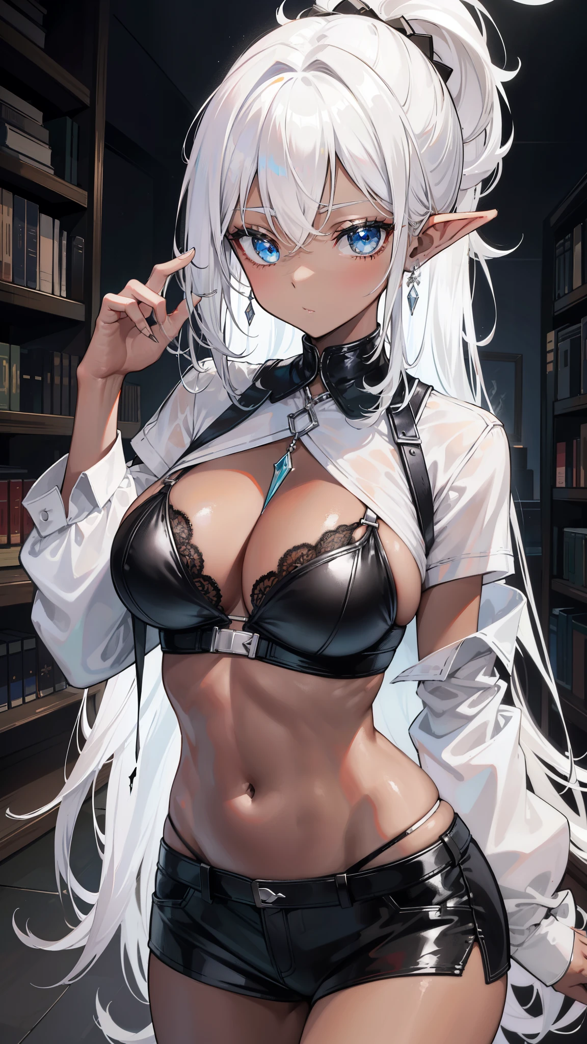 charming，White hair，black leather，Dark Skin，White long hair，Broken and rotten shirts，Broken and rotten shirts，Extra short ripped jeans，White Silk，Mrs. hairstyle，Become a，tied up hair，exquisite earrings，Crystal Pendant，Bend over，Big breasts，Bikini，Sexy Lingerie，library，Elf