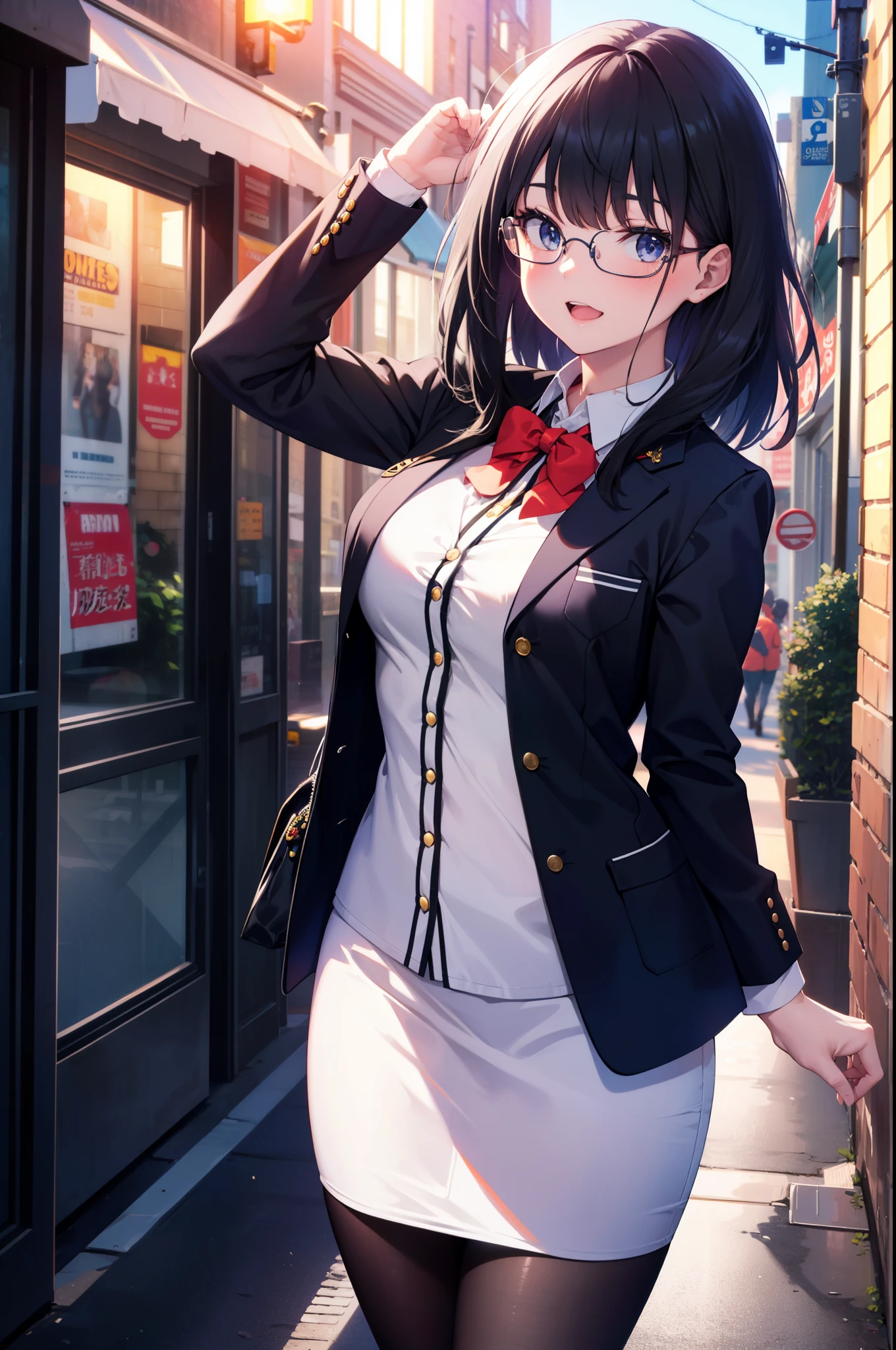 Rikka body, rikka takarada, Black Hair, blue eyes, Long Hair, happy smile, smile, Open your mouth,orange Scrunchie, Scrunchie, wrist Scrunchie,OL, Akagi glasses, black suit jacket, Collared jacket, White dress shirt, Collared shirt, Neckline, button, Black pencil skirt, Black pantyhose,Stiletto heels,evening,sunset,The sun is setting,walking,So that the whole body goes into the illustration,
break outdoors,In town,Building district,シティストリート
break looking at viewer, (Cowboy Shot:1.5),
break (masterpiece:1.2), highest quality, High resolution, unity 8k wallpaper, (figure:0.8), (Beautiful fine details:1.6), Highly detailed face, Perfect lighting, Highly detailed CG, (Perfect hands, Perfect Anatomy),