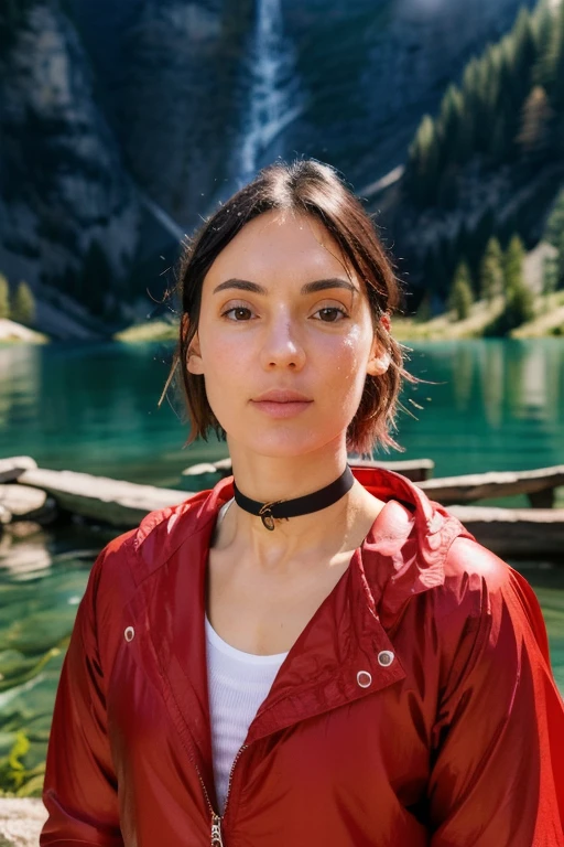 Natoo,une femme portant une combinaison, lac de montagne, (covered lighting:0.5) wet clothes bimbo outfit choker