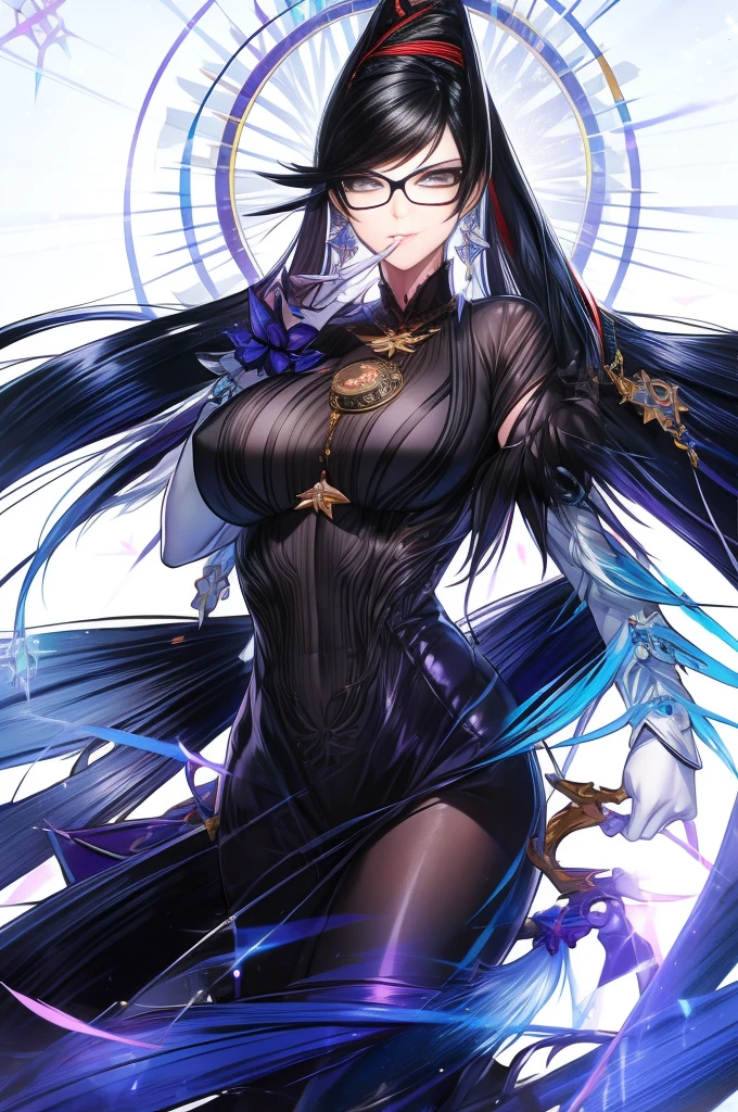 k hd， realisticlying，  Detailed face， Detailed body， solo，bayonetta、 Mature woman，1female，solo，brunette color hair，white skinned，Pale skin，little breast、underboobs，Light_Smile，B - Excellent，Porcelain dress，Cross your arms，full bodyesbian，exteriors，natta，Dynamic posture，nipple tassels、（（Hands behind your back）），clear detailed face、1 mole on the lip、（（Illegal oral cavity、Straight teeth、You can see it in your mouth））（（Light frown，Be red in the face）），shiny skins，dent in the skin，realisticlying，tmasterpiece，highest  quality，A high resolution，Telefocal、From below、