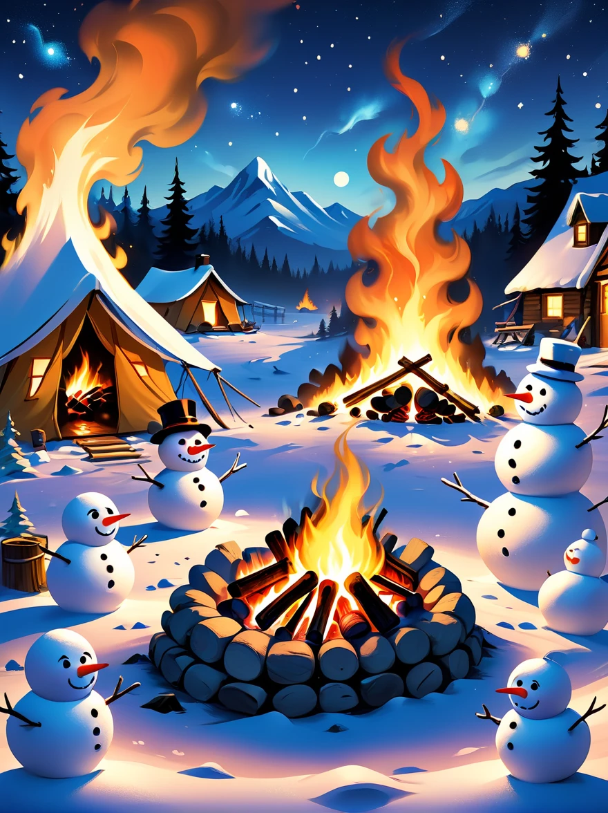 A vibrantly animated scene，A campsite under a starry night sky，In the middle of the site，There is a blazing bonfire，There is a pile of wood nearby，(The cute snowmen dancing around the bonfire)，(There is a snowman melted by fire:1.3)，These snowmen are doing various camping activities，Some were chasing each other playfully.，Some sit and tell humorous stories，Some are playing tag，The whole area was illuminated by flickering fire.，Adds warmth and comfort to whimsical scenes