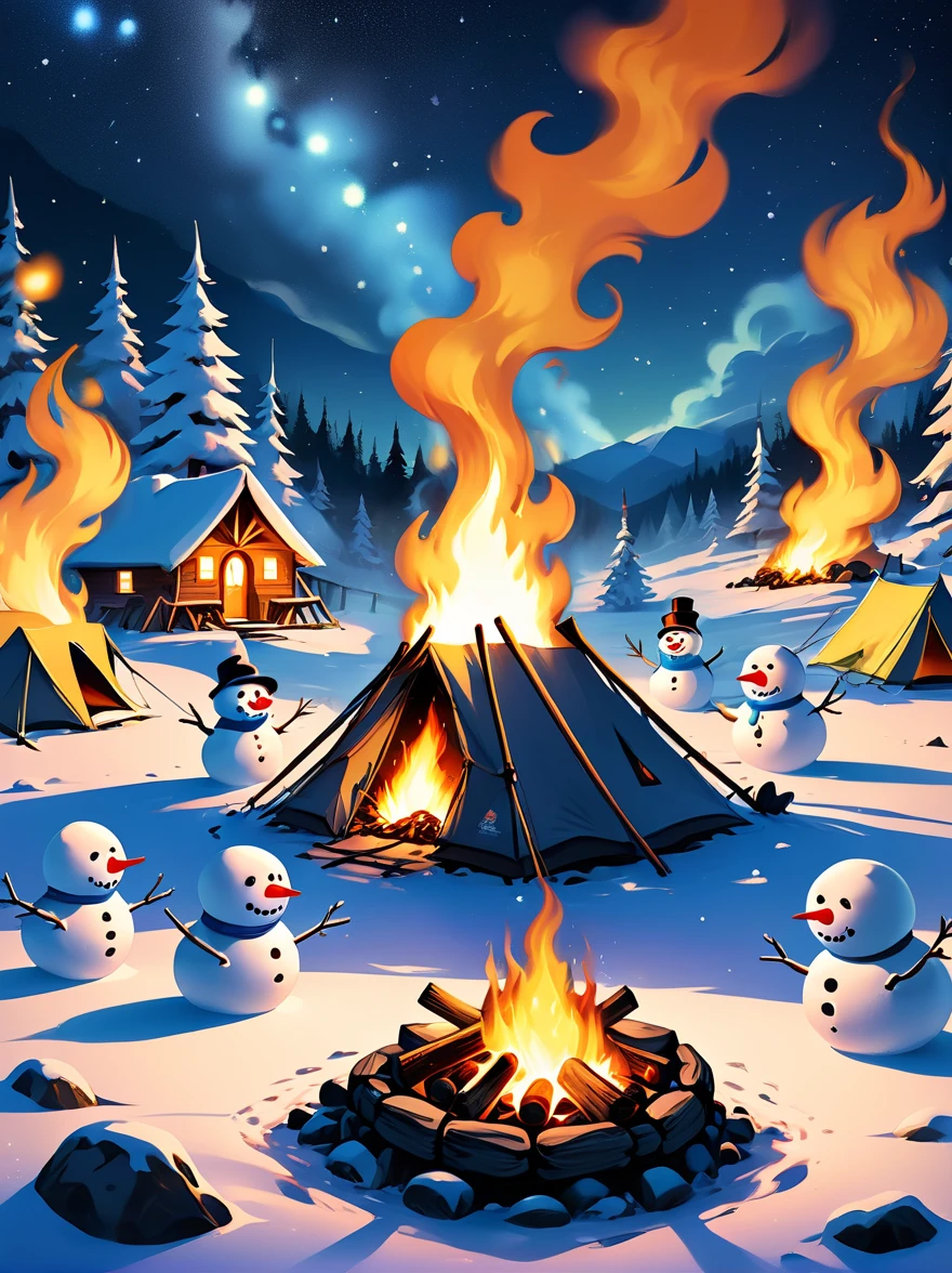 A vibrantly animated scene，A campsite under a starry night sky，In the middle of the site，There is a blazing bonfire，There is a pile of wood nearby，(The cute snowmen dancing around the bonfire)，(There is a snowman melted by fire:1.3)，These snowmen are doing various camping activities，Some were chasing each other playfully.，Some sit and tell humorous stories，Some are playing tag，The whole area was illuminated by flickering fire.，Adds warmth and comfort to whimsical scenes