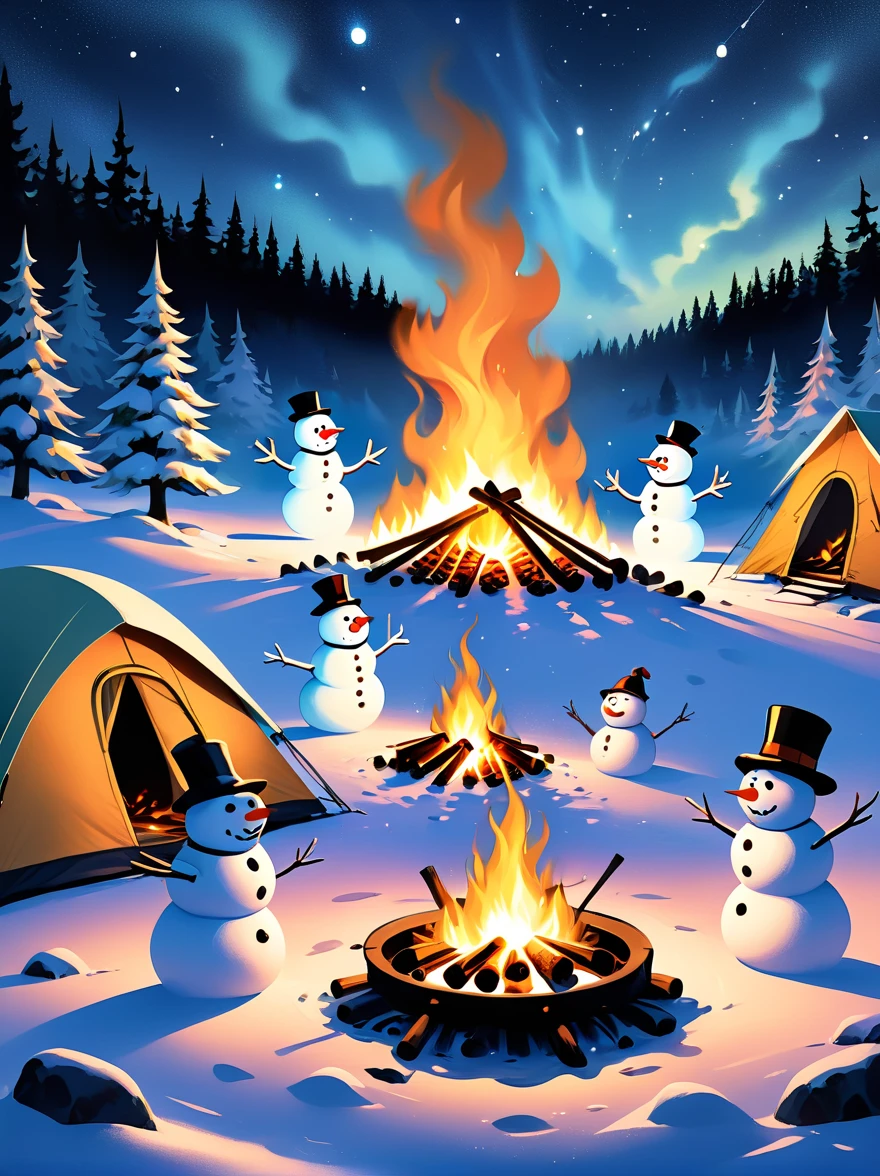 A vibrantly animated scene，A campsite under a starry night sky，In the middle of the site，There is a blazing bonfire，There is a pile of wood nearby，(The cute snowmen dancing around the bonfire)，(There is a snowman melted by fire:1.3)，These snowmen are doing various camping activities，Some were chasing each other playfully.，Some sit and tell humorous stories，Some are playing tag，The whole area was illuminated by flickering fire.，Adds warmth and comfort to whimsical scenes