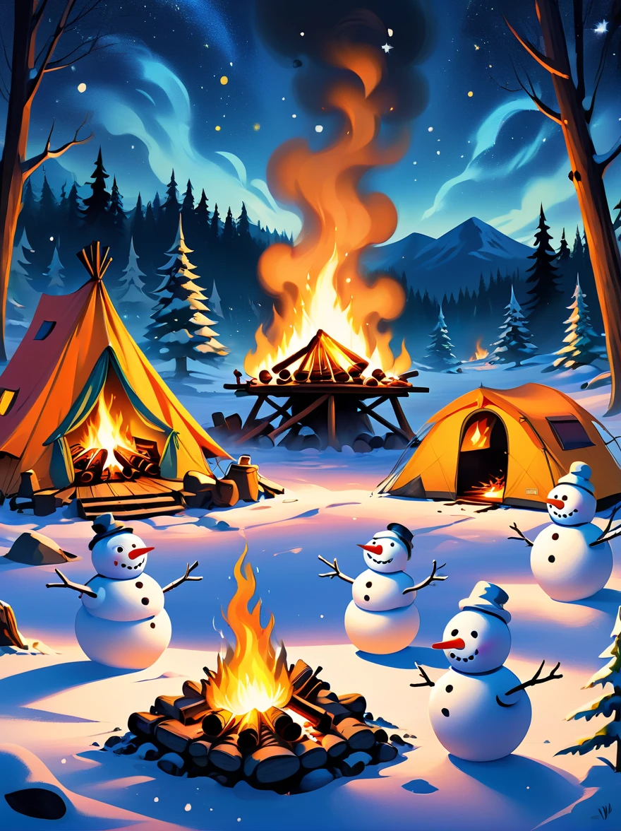 A vibrantly animated scene，A campsite under a starry night sky，In the middle of the site，There is a blazing bonfire，There is a pile of wood nearby，(The cute snowmen dancing around the bonfire)，(There is a snowman melted by fire:1.3)，These snowmen are doing various camping activities，Some were chasing each other playfully.，Some sit and tell humorous stories，Some are playing tag，The whole area was illuminated by flickering fire.，Adds warmth and comfort to whimsical scenes