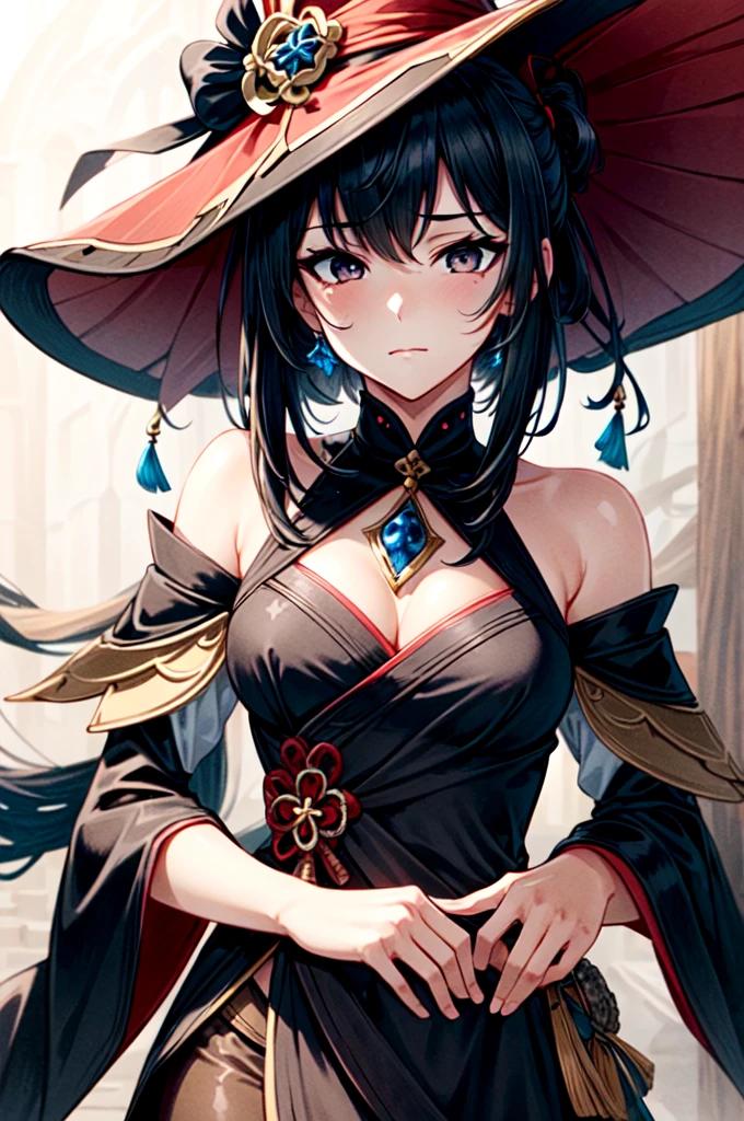 masterpiece, best quality, 1women, adult, female focus, solo, medium black hair, vibrant black eyes, looking at viewer, medium tits, closed mouth, emo, Fantasy aesthetics, Highly detailed, shadowverse style, wearing witch hat and clothes from genshin impact