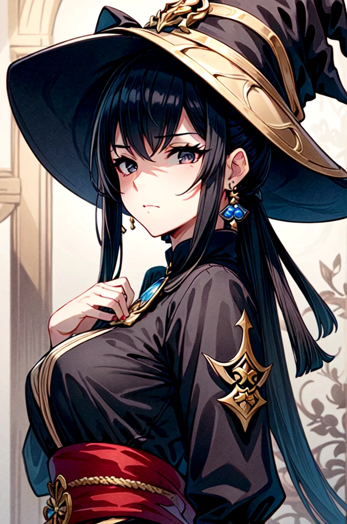 masterpiece, best quality, 1women, adult, female focus, solo, medium black hair, vibrant black eyes, looking at viewer, medium tits, closed mouth, emo, Fantasy aesthetics, Highly detailed, shadowverse style, wearing witch hat and clothes from genshin impact