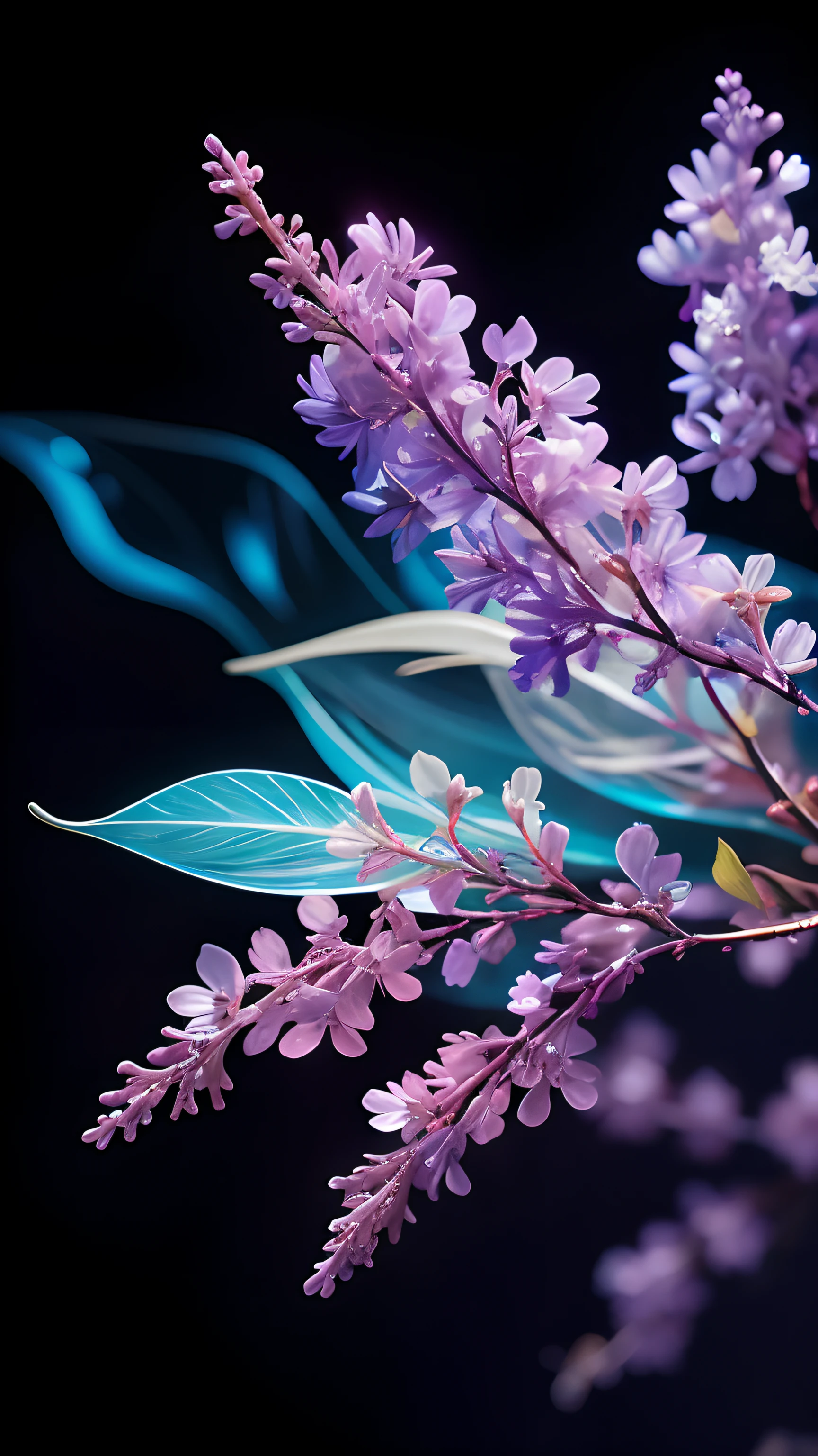 Delicate lilac branches, Ultra-transparent, holy Light, beautiful spectral Light, 花瓣发Light, Flash, Dark background, drops of transparent Light, reflective Light, bright, Light streaming in, Light学, Portrait Profile, Sharp focus, magic, Wheels within wheels, Surreal, fantasy, work, Light, Trending on artstation, pearl, Silver Steam Guardian Cloud, Corrosion Envelope Ray Family, 8k, ureal ar 23v4 upLight