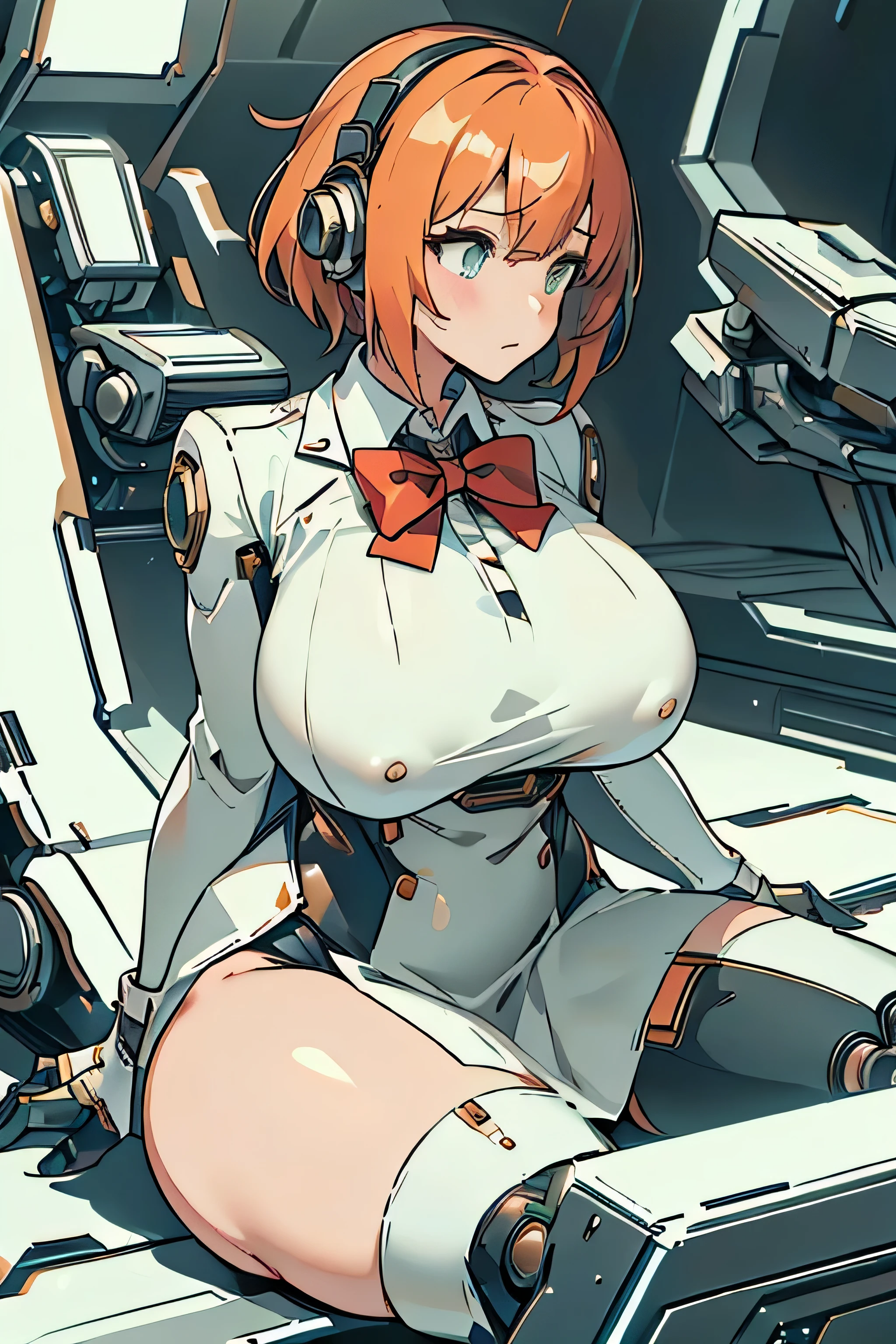 masterpiece , best quality , 1 sexy girl , solo , full body tight suit and bowtie , (covered nipples:0.9) , (gigantic tits:1.2) , (thick arm:1.1) , thick thigh , gigantic hip , (gold hair:1.1) , short hair , (plump:1.1) , robot joint , robot shoulder , embedded in machinery , lying on small sci-fi cockpit , surrounded by sci-fi machinery and monitor , folded , cable attached to the whole body ,spread legs , ahegao ,muscular , suit and tie, formal suit uniform, big shirt collar, formal white dress shirt, formal suit coat, huge giant red bowtie, formal suit clothing, high collar, sex machine, vaginal insertion, machine gun embedded in breasts, gatling gun breasts, gun barrels, breasts are embedded with guns, weaponized breasts
