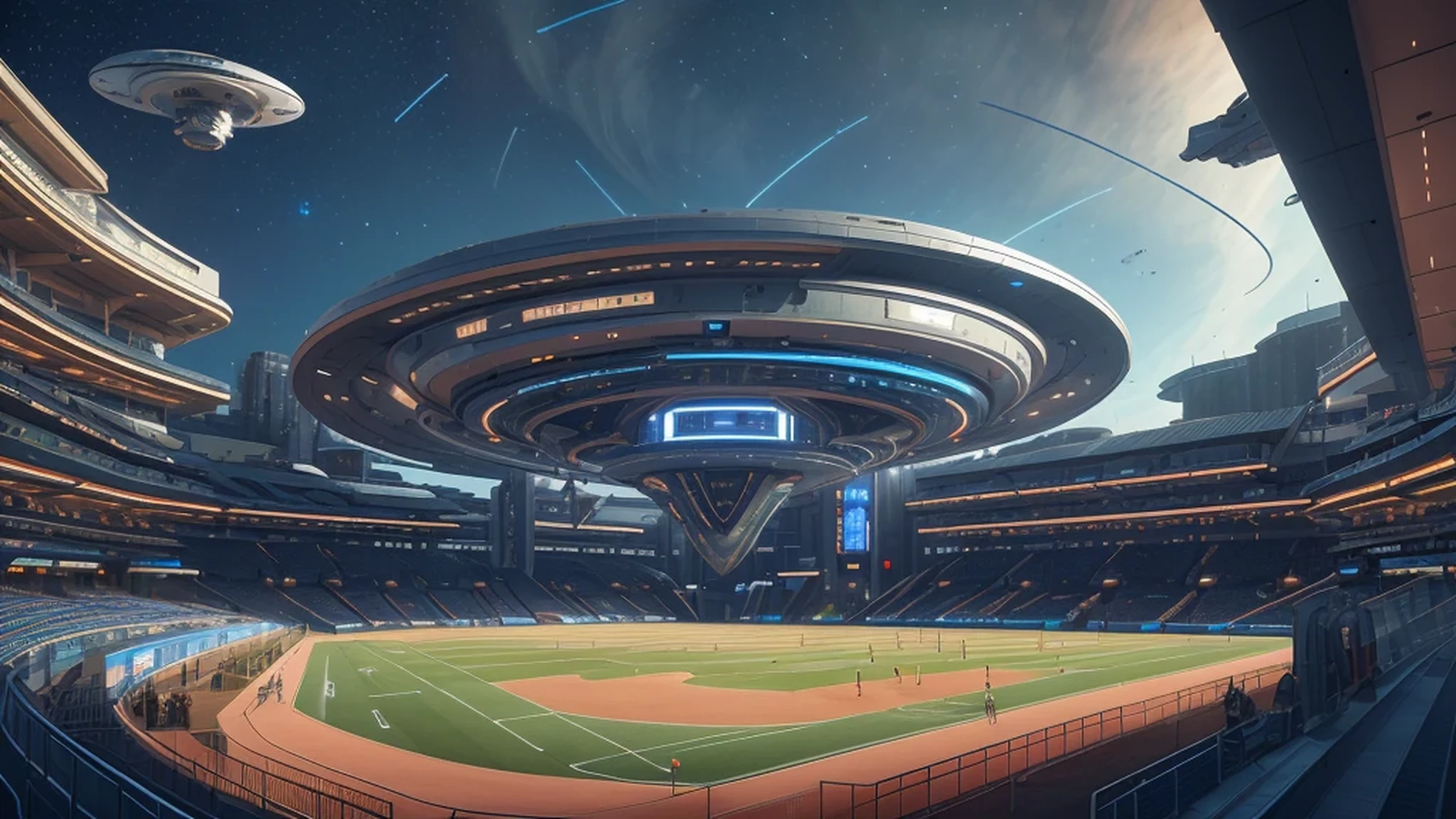 Night future scene，A five-pointed star-shaped technological dream stadium in a future science fiction city，in the starry sky，Athletes running on the playground，Grandstand seats blue，Technology streamlined layout，many viewers。track，Glass material，Forward glowing lines，Technology Playground，Sky Dome Virtual Sky，Sci-fi effect，Blue seats in the auditorium，A large translucent digital screen is hung above the playground，high quality，Exquisite，Stadium structure edge，Blue glowing curved outline，The playground is huge，The scene is grand，gorgeous，Sense of future technology，Wide Angle，Sci-fi masterpiece，，Luminous，Cyberpunk technology style