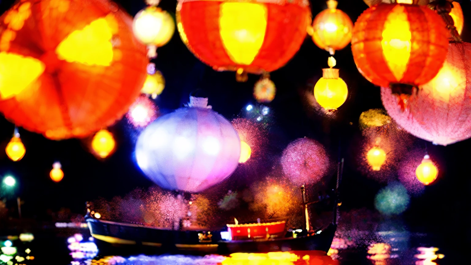 A traditional Japanese boat with many simple lanterns attached. A girl in a shrine maiden costume dancing on the bow. About . Quiet water surface. The fog is so thick that nothing else can be seen. Night. Fantastic and mysterious atmosphere. 16:9