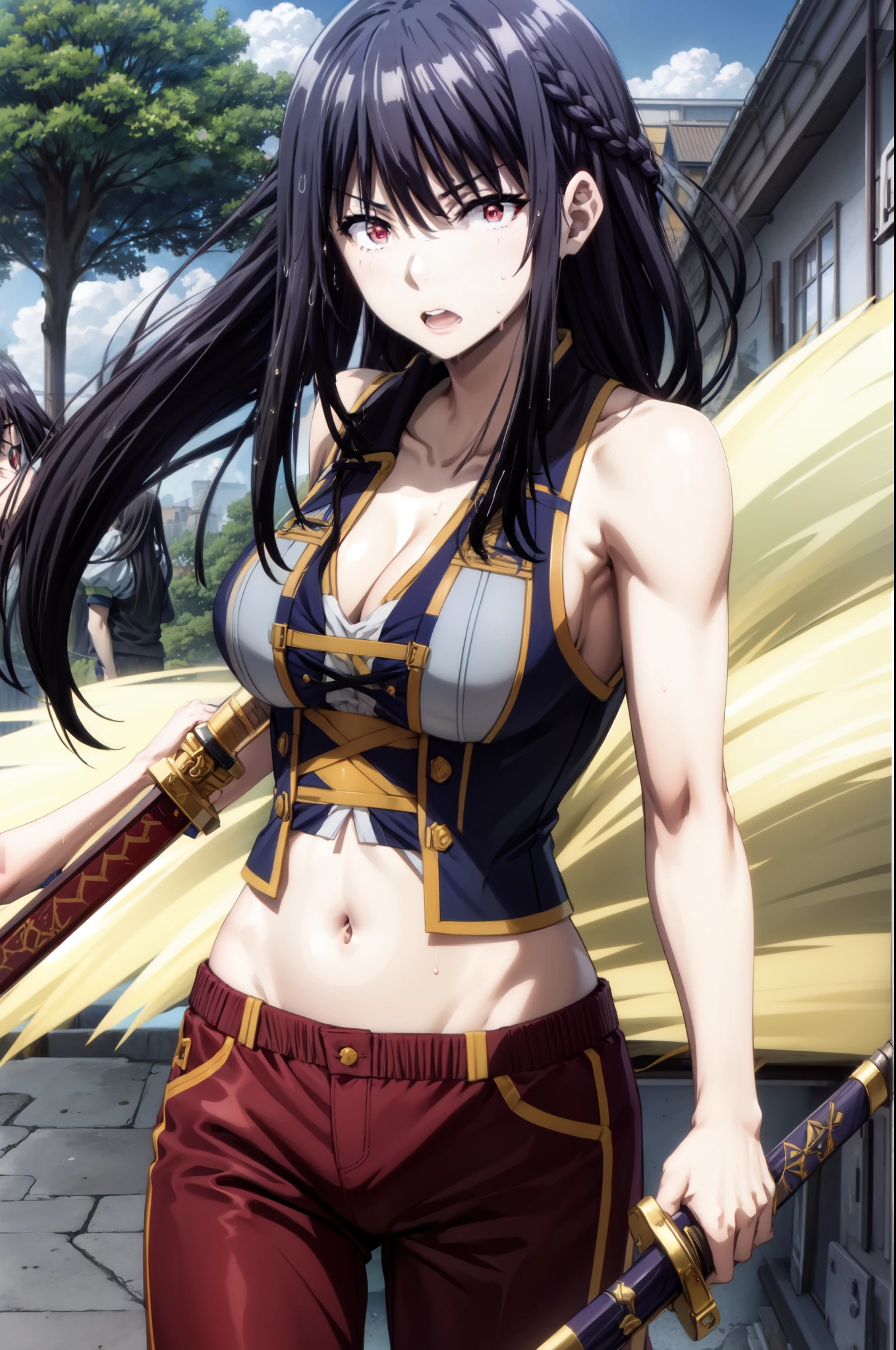 masterpiece, best quality, highres, fairy tail, ,1girl,black hair,red eyes,medium breast,narrow waist, white ribbon, hair over one eye,red eyes, large breasts, collarbone, chest sarashi, bandage, bare arms, midriff, red hakama, red pants, standing, holding weapon, sword, katana, outdoors, muscular female, sweating, wet, steaming body,
