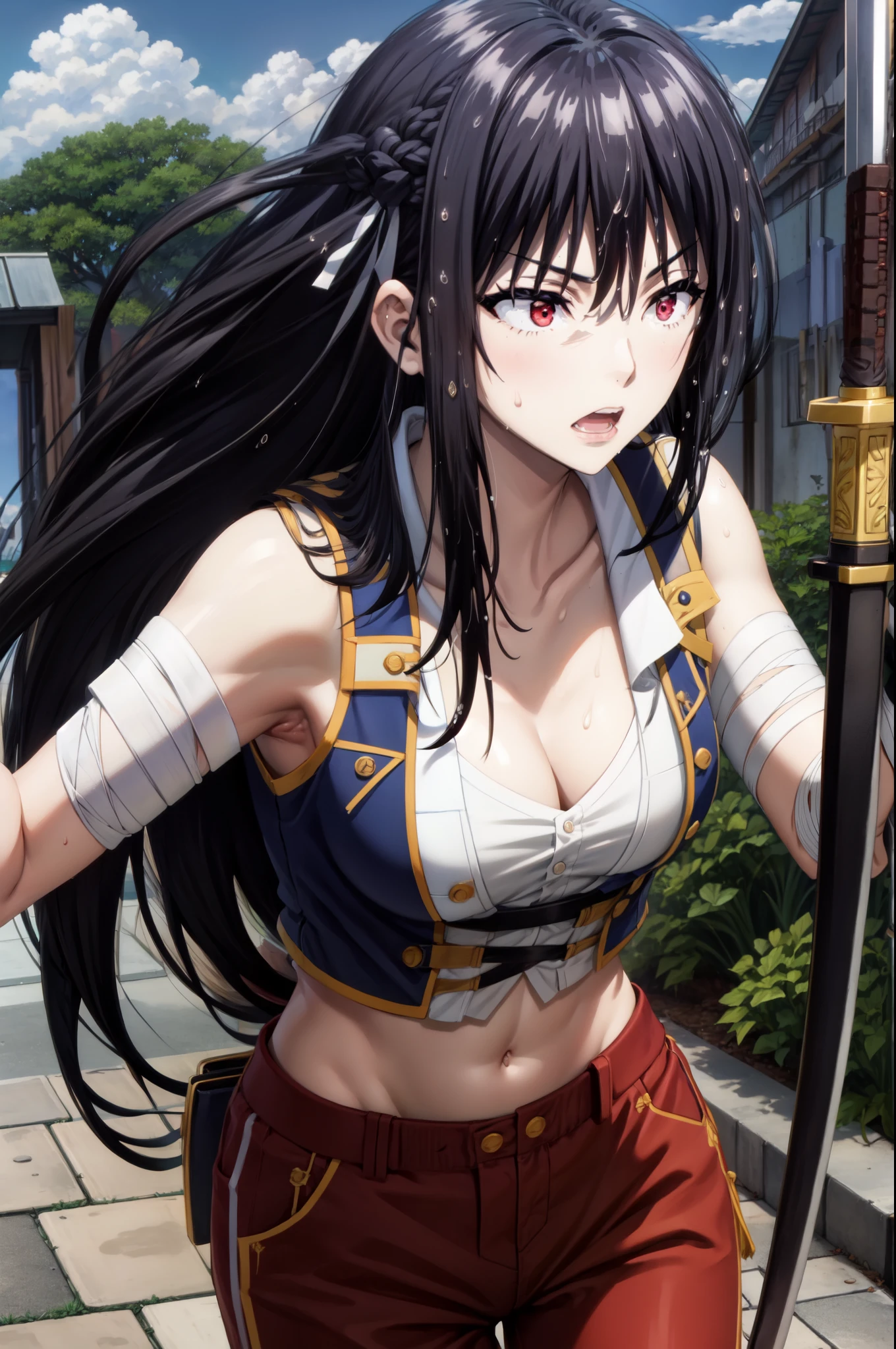 masterpiece, best quality, highres, fairy tail, ,1girl,black hair,red eyes,medium breast,narrow waist, white ribbon, hair over one eye,red eyes, large breasts, collarbone, chest sarashi, bandage, bare arms, midriff, red hakama, red pants, standing, holding weapon, sword, katana, outdoors, muscular female, sweating, wet, steaming body,
