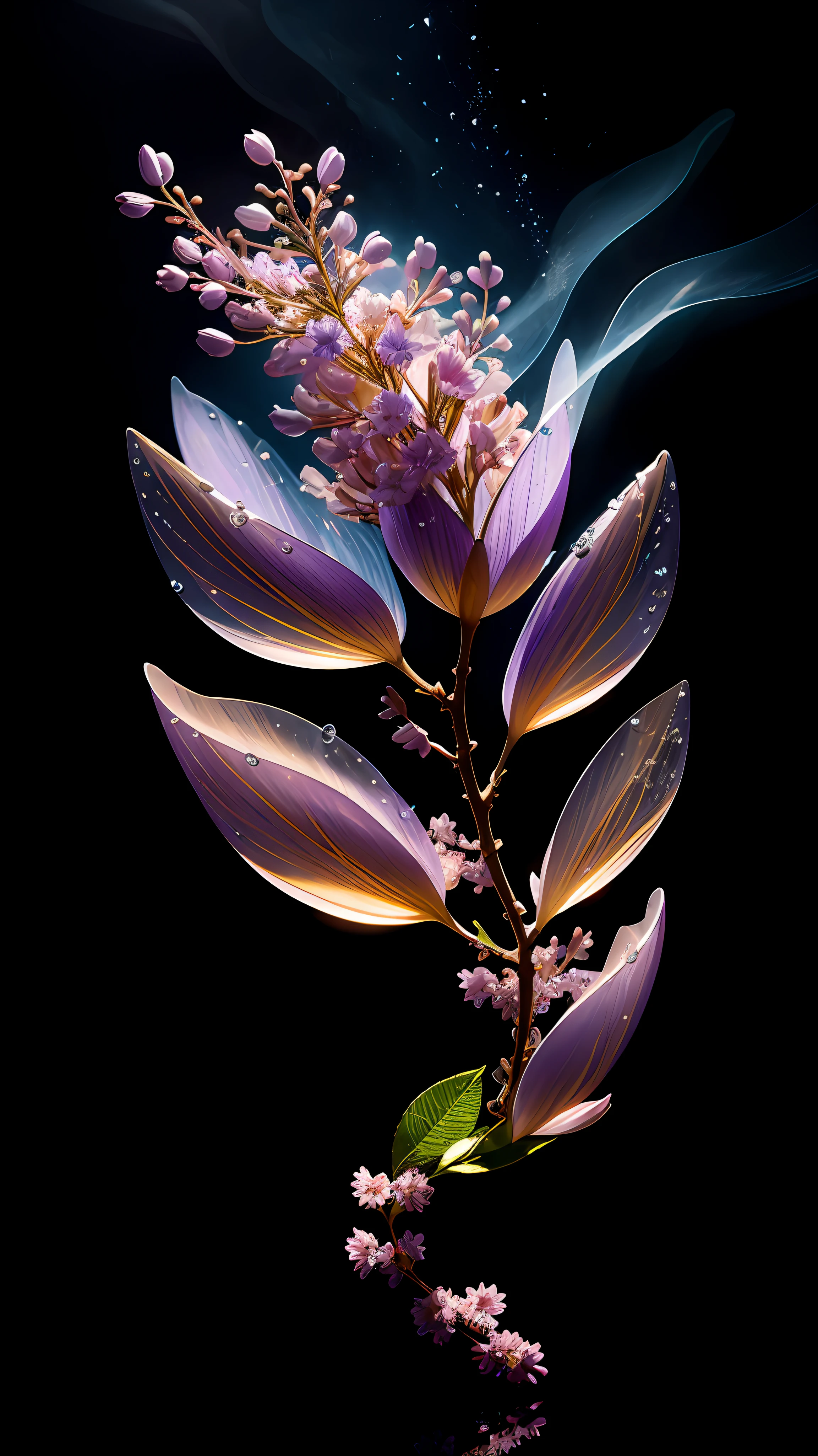 Delicate lilac branches, Ultra-transparent, holy Light, beautiful spectral Light, 花瓣发Light, Flash, Dark background, drops of transparent Light, reflective Light, bright, Light streaming in, Light学, Portrait Profile, Sharp focus, magic, Wheels within wheels, Surreal, fantasy, work, Light, Trending on artstation, pearl, Silver Steam Guardian Cloud, Corrosion Envelope Ray Family, 8k, ureal ar 23v4 upLight