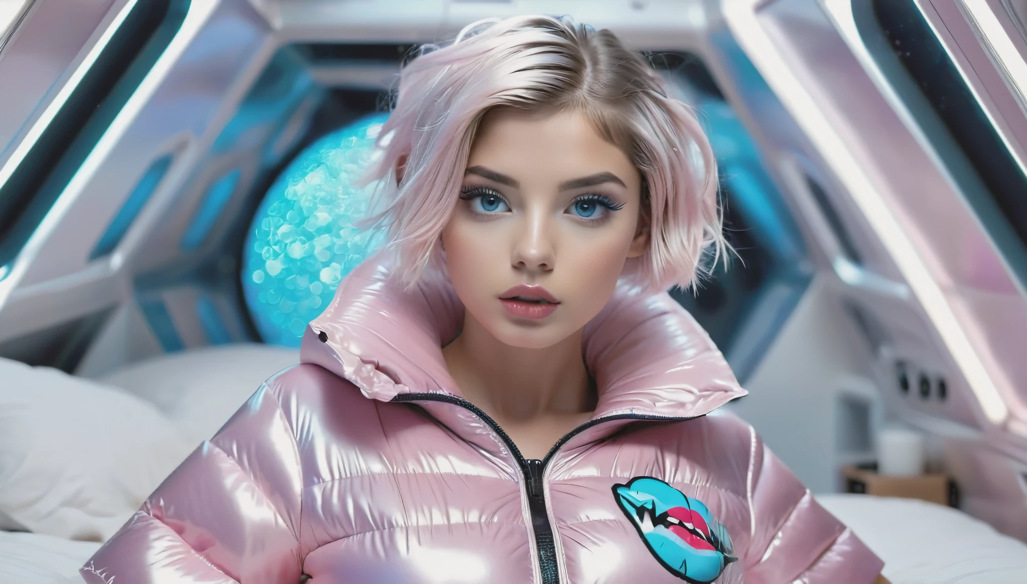 (8K, Raw photography, top-quality, masterpiece :1.3), (cute girl in a light pink blue open shiny puffer with short sleeves :1.3), (small perky breasts, extremely detailed face, beautiful detailed eyes, beautiful detailed lips :1.3), (posing anxiously on the bed in a spaceship :1.3) (pixie side shaved hair :1.3), (small perky breasts :1.3)