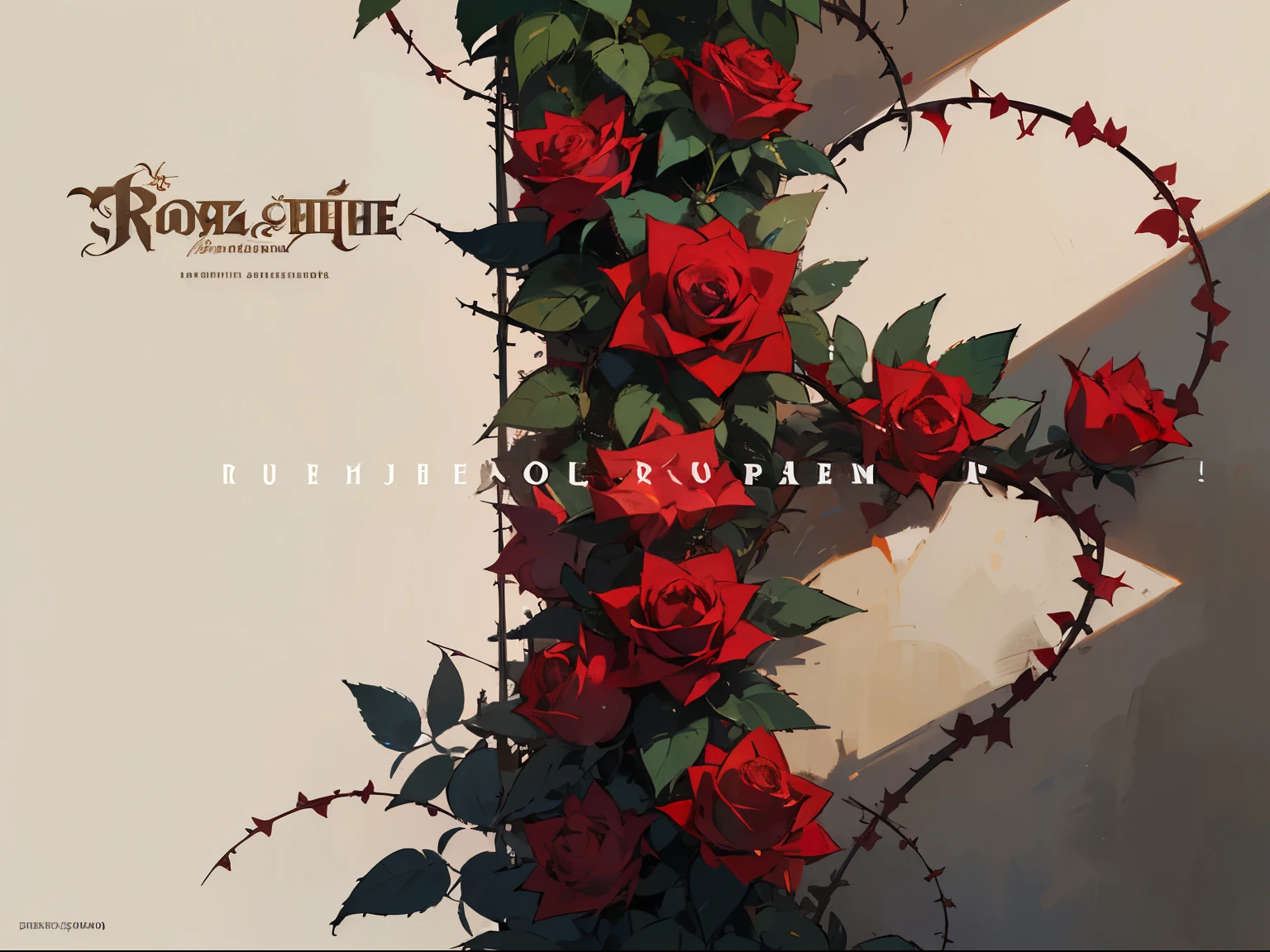 ((Best quality)), ((portfolio cover)), (detailed), beige background color, green rose thorns, Burgundy rose flowers. The word in capital letters "Portfolio" In Russian language. (Lots of roses), elegance. ((without people))