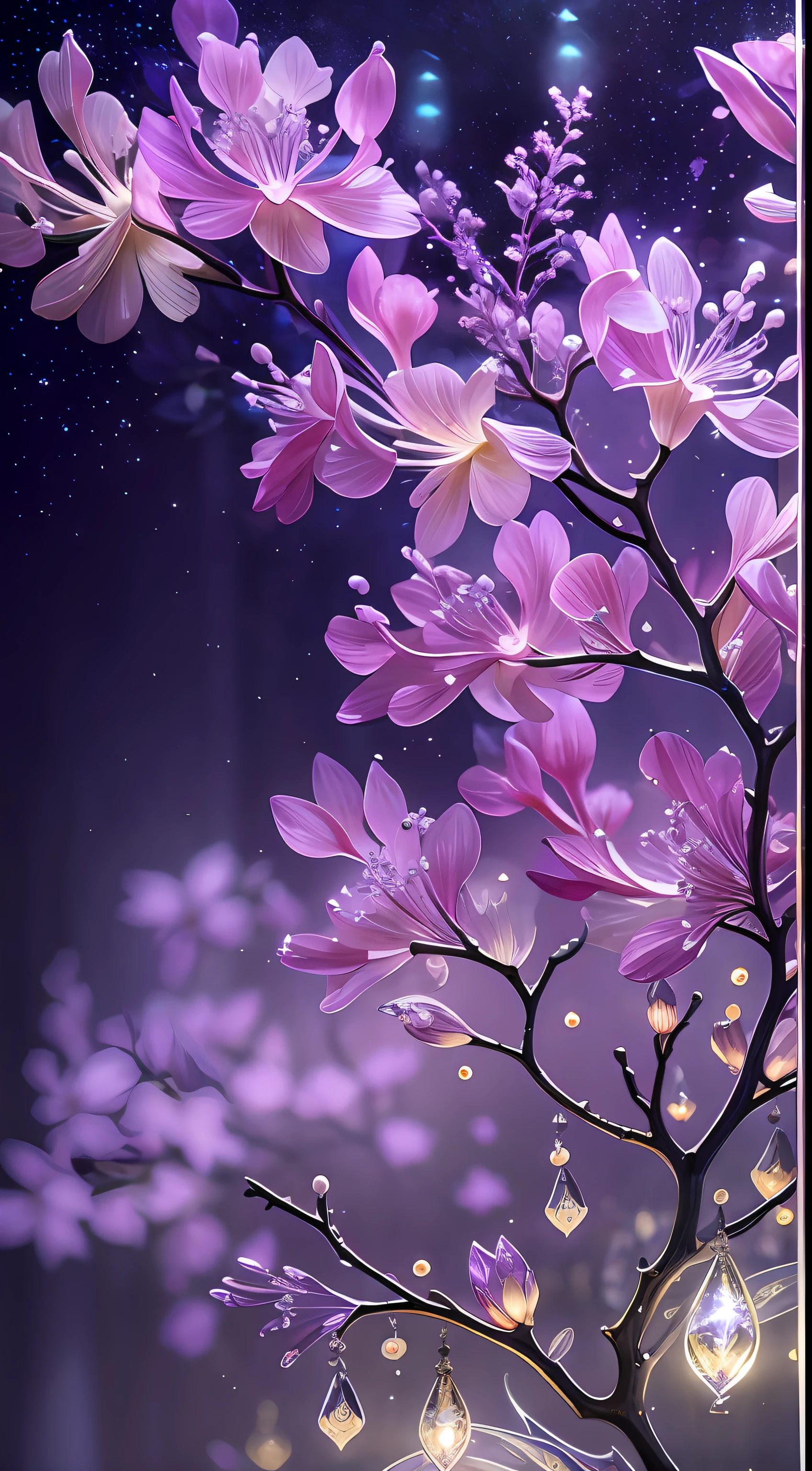 Delicate lilac branches, Ultra-transparent, holy Light, beautiful spectral Light, 花瓣发Light, Flash, Dark background, drops of transparent Light, reflective Light, bright, Light streaming in, Light学, Portrait Profile, Sharp focus, magic, Wheels within wheels, Surreal, fantasy, work, Light, Trending on artstation, pearl, Silver Steam Guardian Cloud, Corrosion Envelope Ray Family, 8k, ureal ar 23v4 upLight
