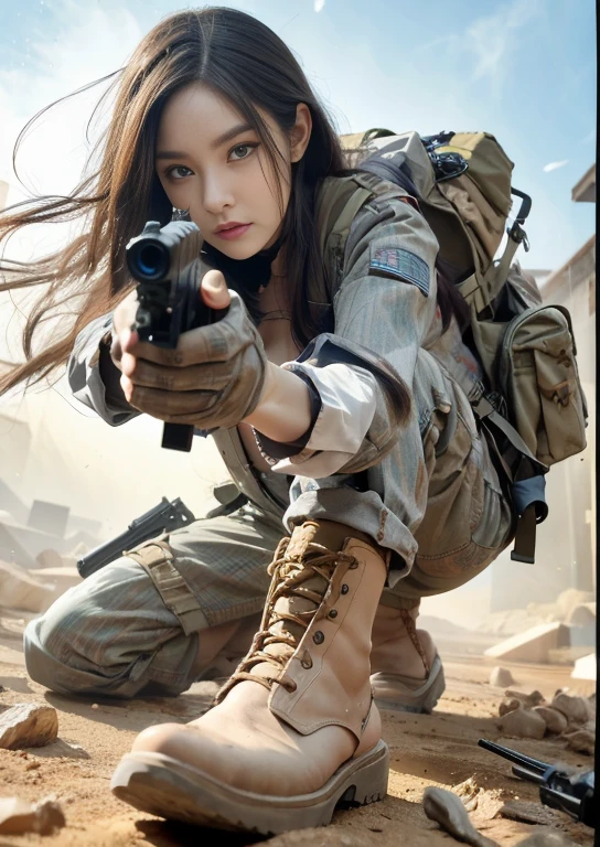 （Modify hair only、Face）Reddish-brown hair，Long curly hair，high ponytail，red headdress，red eyes，red eye，red pupils，Delicate and detailed eyes，sparkling eyes，Automatic Rifle