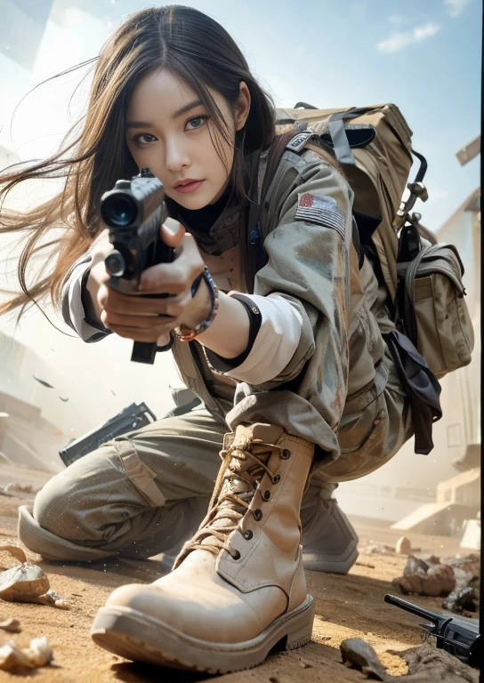 （Modify hair only、Face）Reddish-brown hair，Long curly hair，high ponytail，red headdress，red eyes，red eye，red pupils，Delicate and detailed eyes，sparkling eyes，Automatic Rifle