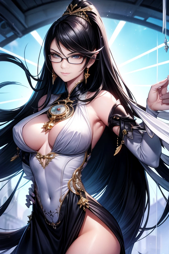 k hd， realisticlying，  Detailed face， Detailed body， solo，bayonetta、 Mature woman，1female，solo，brunette color hair，white skinned，Pale skin，little breast、underboobs，Light_Smile，B - Excellent，Porcelain dress，Cross your arms，full bodyesbian，exteriors，natta，Dynamic posture，nipple tassels、（（Hands behind your back）），clear detailed face、1 mole on the lip、（（Illegal oral cavity、Straight teeth、You can see it in your mouth））（（Light frown，Be red in the face）），shiny skins，dent in the skin，realisticlying，tmasterpiece，highest  quality，A high resolution，Telefocal、From below、