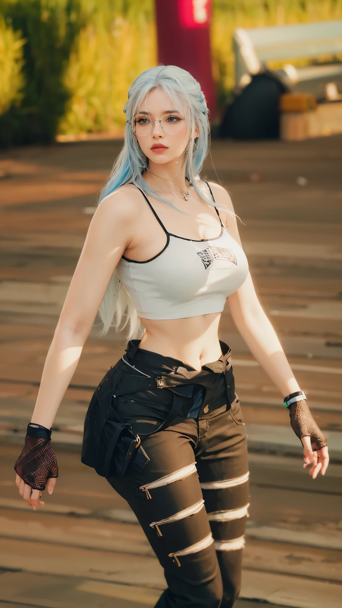 photorealistic, high resolution, soft lights, 1women, solo, hips up, (blue eyes, long hair, white hair), prisoner uniform, orange shirt, orange pants, prison, hips up, tattoo