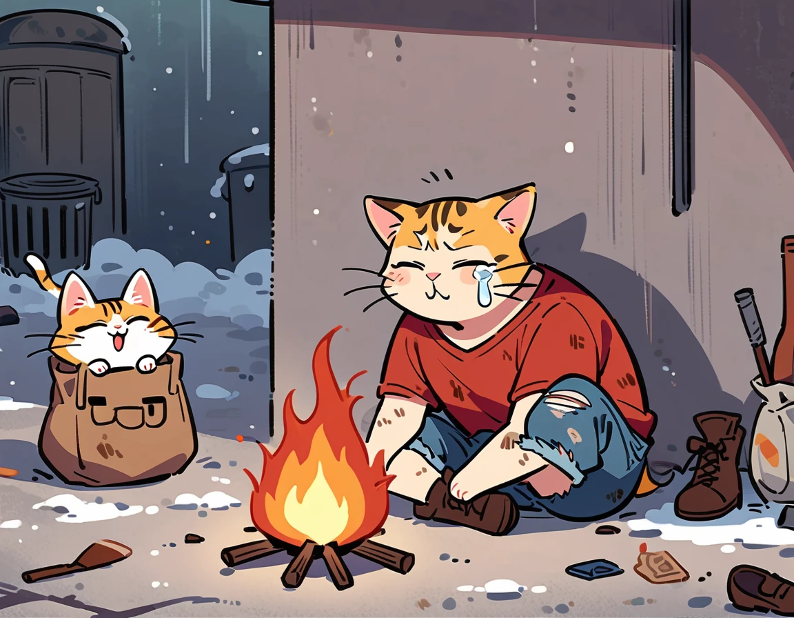 cartoon illustration,Simplicity,Late Night,heavy snow,(personification),Stray cats,solo,(Sit in front of a campfire:1.5),dirty,Close your eyes,cry,Listless,Malaise,decadent,Loose-fitting ripped denim overalls,red linen shirt,Worn leather shoes,Carrying a big bag,Next to the trash can on the dark street corner,There is a lot of broken garbage around,dirty的环境,correct human anatomy