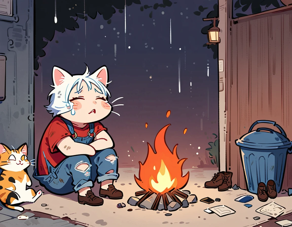 cartoon illustration,Simplicity,Late Night,heavy snow,(personification),Stray cats,solo,(Sit in front of a campfire:1.5),dirty,Close your eyes,cry,Listless,Malaise,decadent,Loose-fitting ripped denim overalls,red linen shirt,Worn leather shoes,Carrying a big bag,Next to the trash can on the dark street corner,There is a lot of broken garbage around,dirty的环境,correct human anatomy