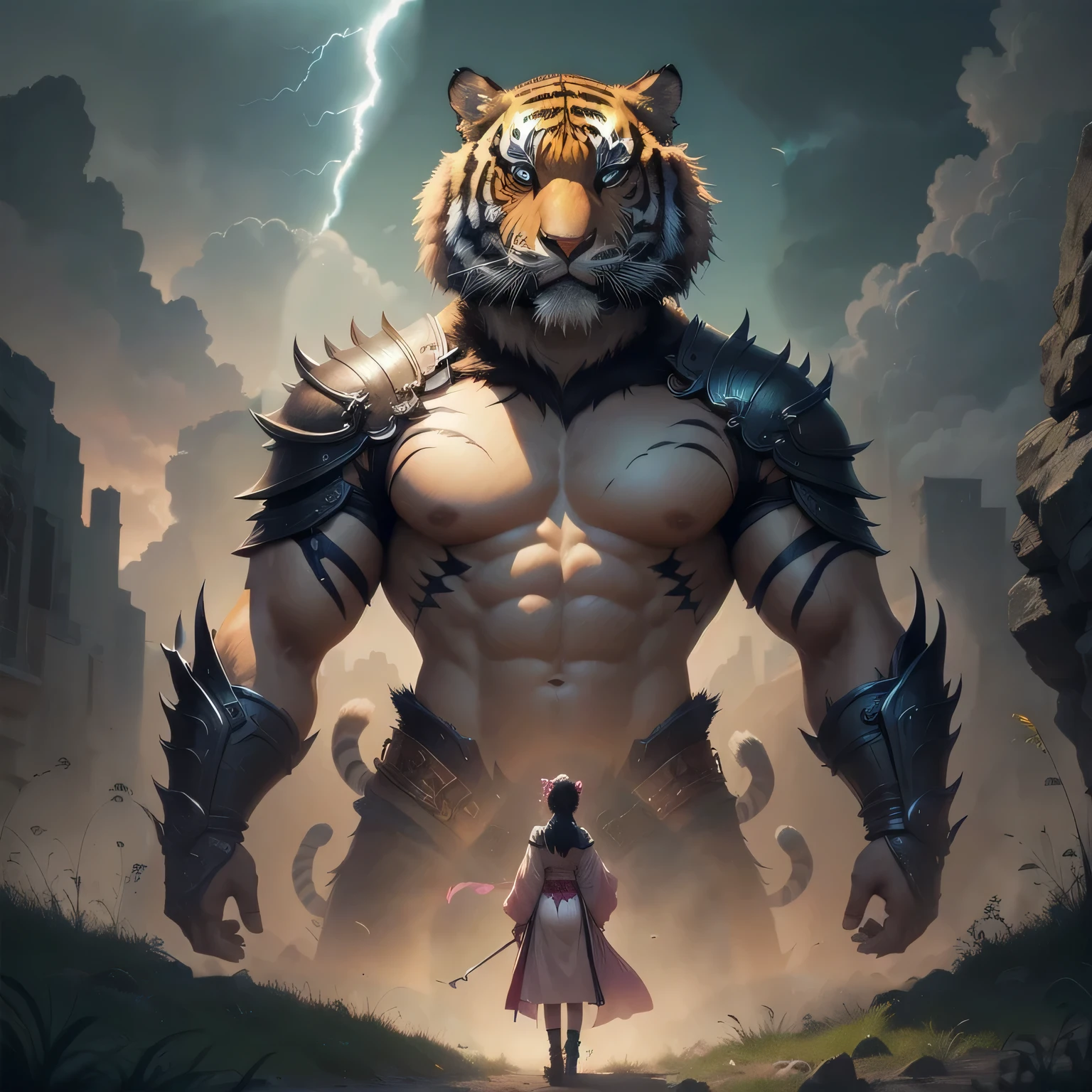 In the fields,A woman stands next to a tiger, Chinese Fantasy, Wizard fights tiger, A beautiful artistic illustration, Sacred Tiger, Fantasy art style, Stunning digital illustrations, Anime Fantasy Illustration, Detailed 4k, Beautiful digital art work, The numbers are very detailed, Beautiful digital illustrations, 4K Fine Digital Art, Epic fantasy digital art style,A 4-year-old girl wearing pink Hanfu,Stand with your back to the camera,grassland,grassland,lightning,daytime,sunny