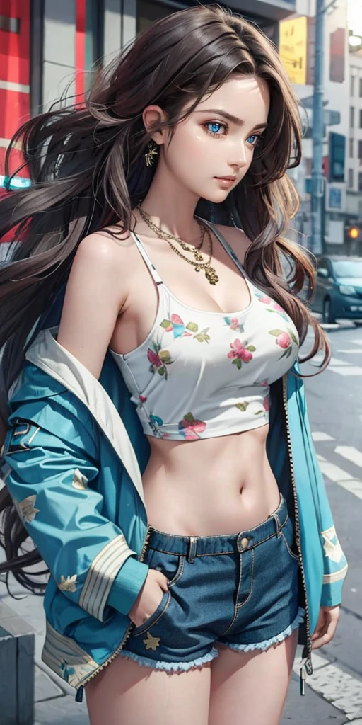 best quality, a beautiful woman, long wavy hair, printed halterneck top, necklace, jacket, short shorts, perfect slim fit body, large breasts, cyber city streets, realism, elaborate details, evening