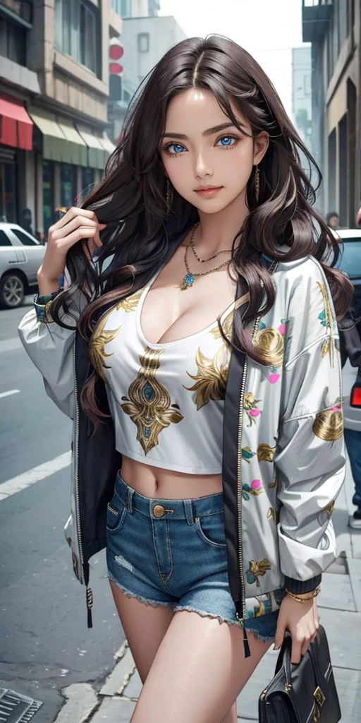 best quality, a beautiful woman, long wavy hair, printed halterneck top, necklace, jacket, short shorts, perfect slim fit body, large breasts, cyber city streets, realism, elaborate details, evening