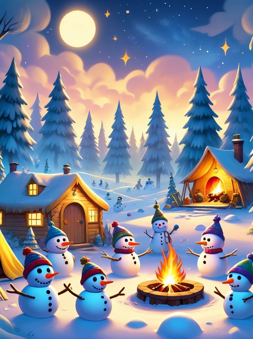 A vibrantly animated scene,A campsite under a starry night sky,In the middle of the site,There is a blazing bonfire,There is a pile of wood nearby,(The cute snowmen dancing around the bonfire),(There is a snowman melted by fire:1.3),These snowmen are doing various camping activities,Some were chasing each other playfully.,Some sit and tell humorous stories,Some are playing tag,The whole area was illuminated by flickering fire.,Adds warmth and comfort to whimsical scenes