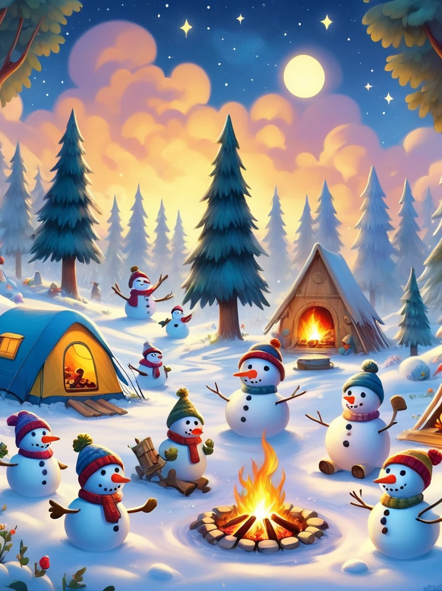 A vibrantly animated scene，A campsite under a starry night sky，In the middle of the site，There is a blazing bonfire，There is a pile of wood nearby，(The cute snowmen dancing around the bonfire)，(There is a snowman melted by fire:1.3)，These snowmen are doing various camping activities，Some were chasing each other playfully.，Some sit and tell humorous stories，Some are playing tag，The whole area was illuminated by flickering fire.，Adds warmth and comfort to whimsical scenes