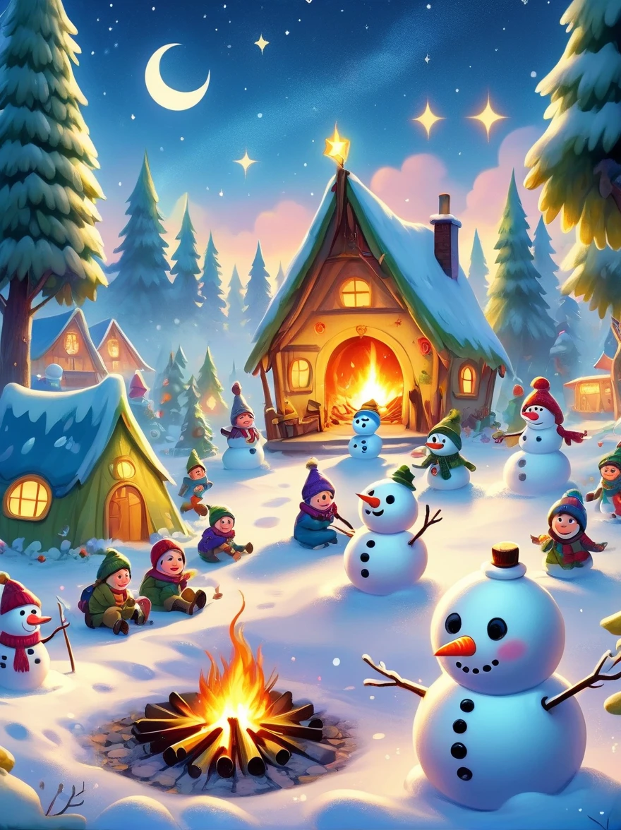 A vibrantly animated scene，A campsite under a starry night sky，In the middle of the site，There is a blazing bonfire，There is a pile of wood nearby，(The cute snowmen dancing around the bonfire)，(There is a snowman melted by fire:1.3)，These snowmen are doing various camping activities，Some were chasing each other playfully.，Some sit and tell humorous stories，Some are playing tag，The whole area was illuminated by flickering fire.，Adds warmth and comfort to whimsical scenes