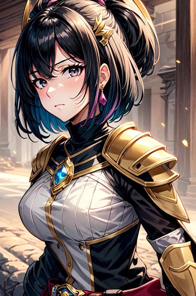 masterpiece, best quality, 1women, adult, female focus, solo, medium black hair, vibrant black eyes, looking at viewer, medium tits, closed mouth, emo, Fantasy aesthetics, Highly detailed, shadowverse style, wearing kamen rider armor with gold and pink color