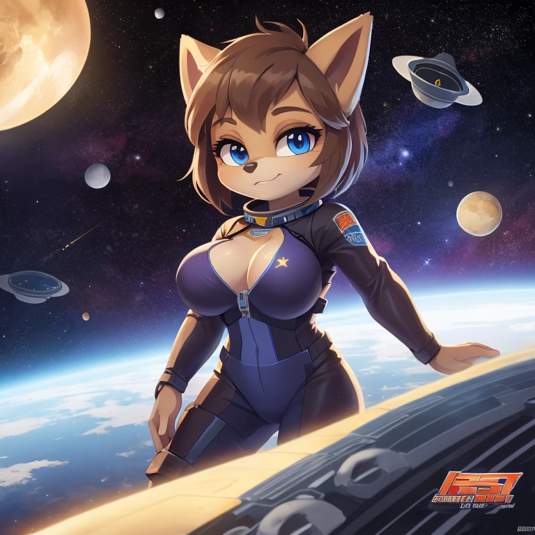 ((masterpiece)), studio quality, highly detailed, extreme detailed, high quality, max detailed, hyper detailed, space, universe, 1girl, hamset, attractive, gorgeous body, small breast, brown short hair, galactic eyes, spacesuit, logo parody, logo