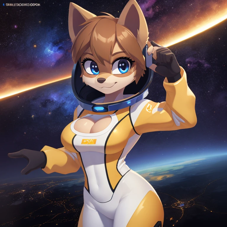 ((masterpiece)), studio quality, highly detailed, extreme detailed, high quality, max detailed, hyper detailed, space, universe, 1girl, hamset, attractive, gorgeous body, small breast, brown short hair, galactic eyes, spacesuit, logo parody, logo