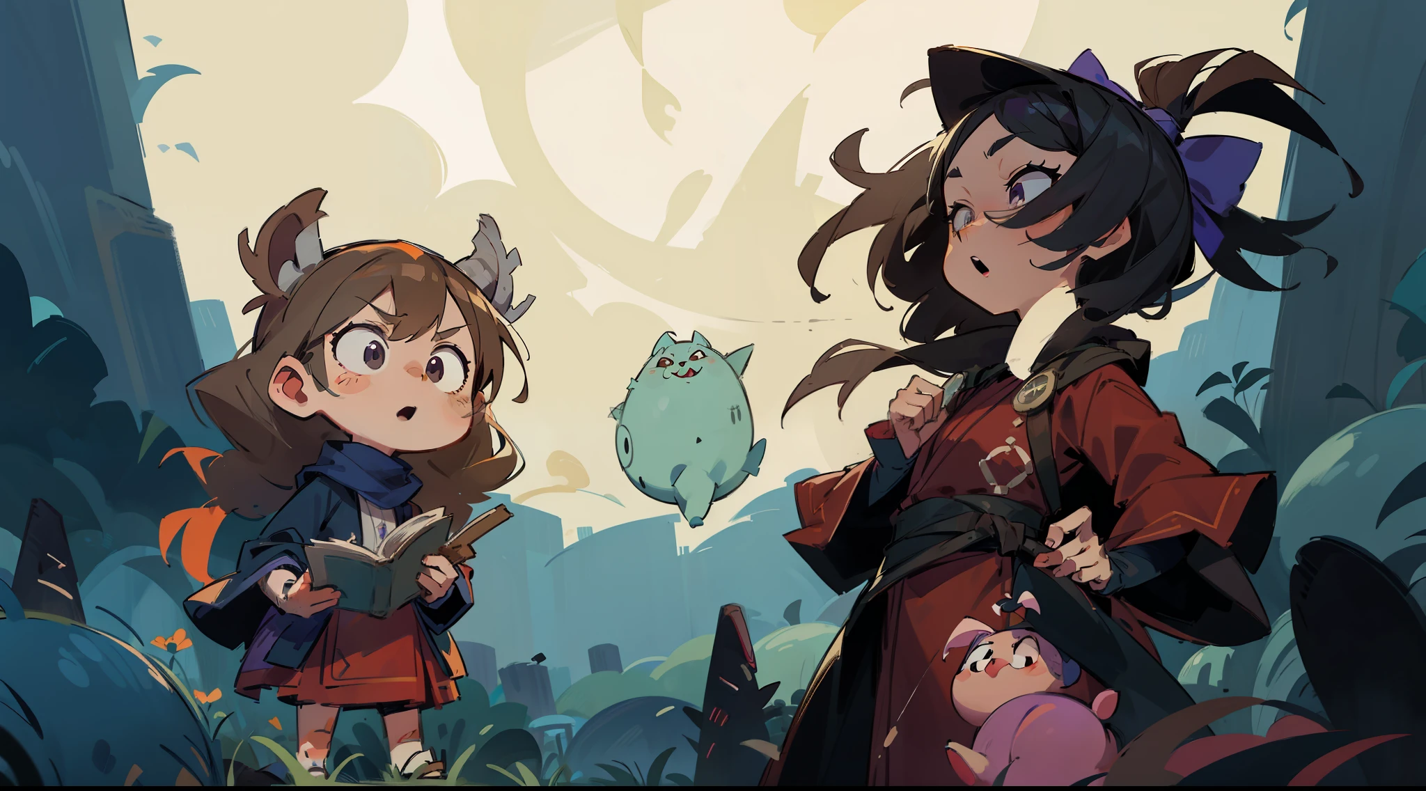 A cartoon illustration of a lady and a pig in front of a full moon, Medium shot of two characters, combat chaser, Character Art Close-up, Mage fighting ghouls, Magic 2D Concept Art, Character ink art, Darkest Dungeon art style, female occultist, Female mage casting spells, Wizard Duel, 穿着红色的wizard长袍, wizard