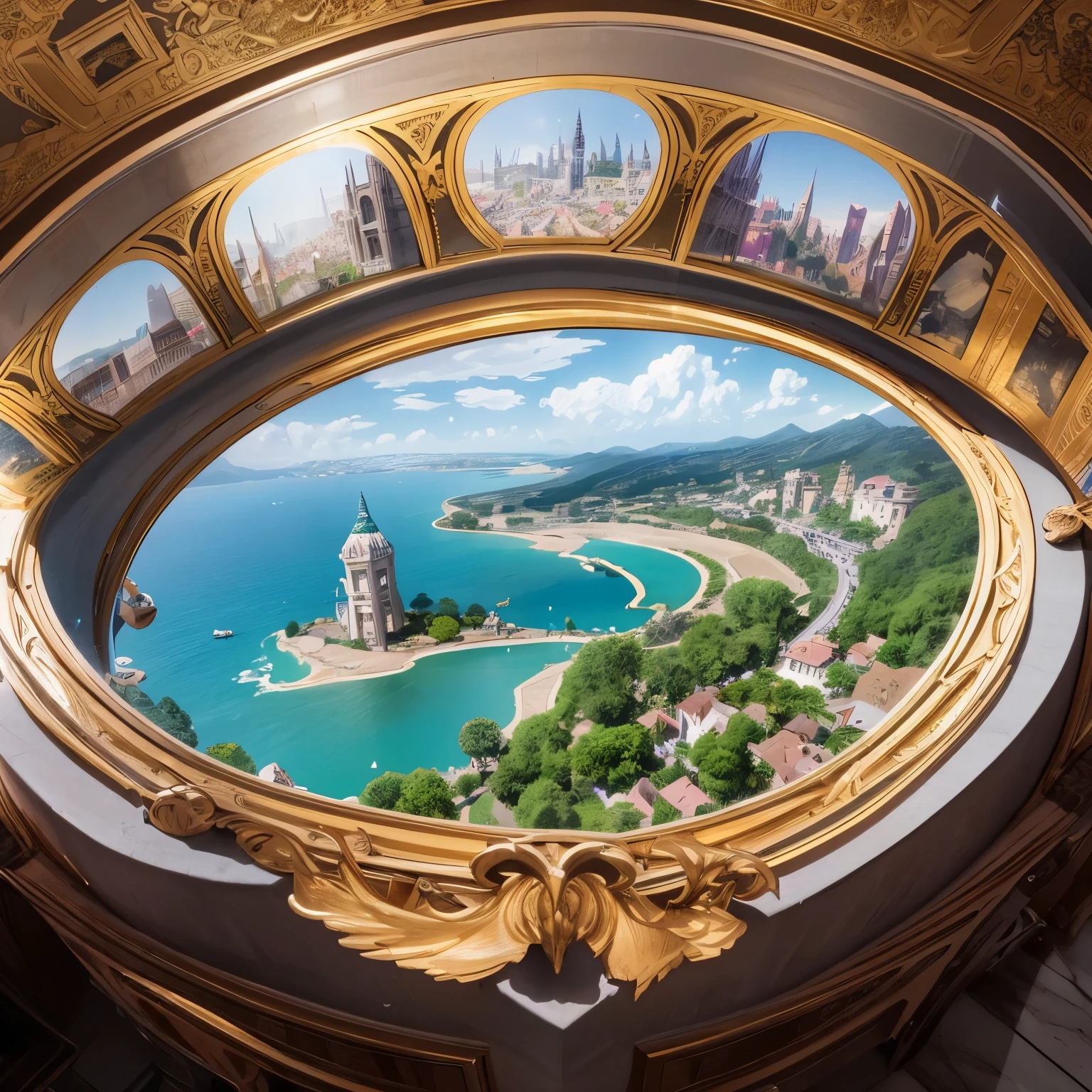 from few above, best quality, super fine, 16k, incredibly absurdres, extremely detailed, delicate, flashy and dynamic depiction, another world, KonoSuba, drawing of the round shaped city, map of the royal capital surrounded by stone walls and gates with depictions of gods and river running through the middle, Gothic, Romanesque, Baroque, Renaissance, Rococo, Art Nouveau, Northern Renaissance, 3D, anime illustrations, (magnificent view:1.5)