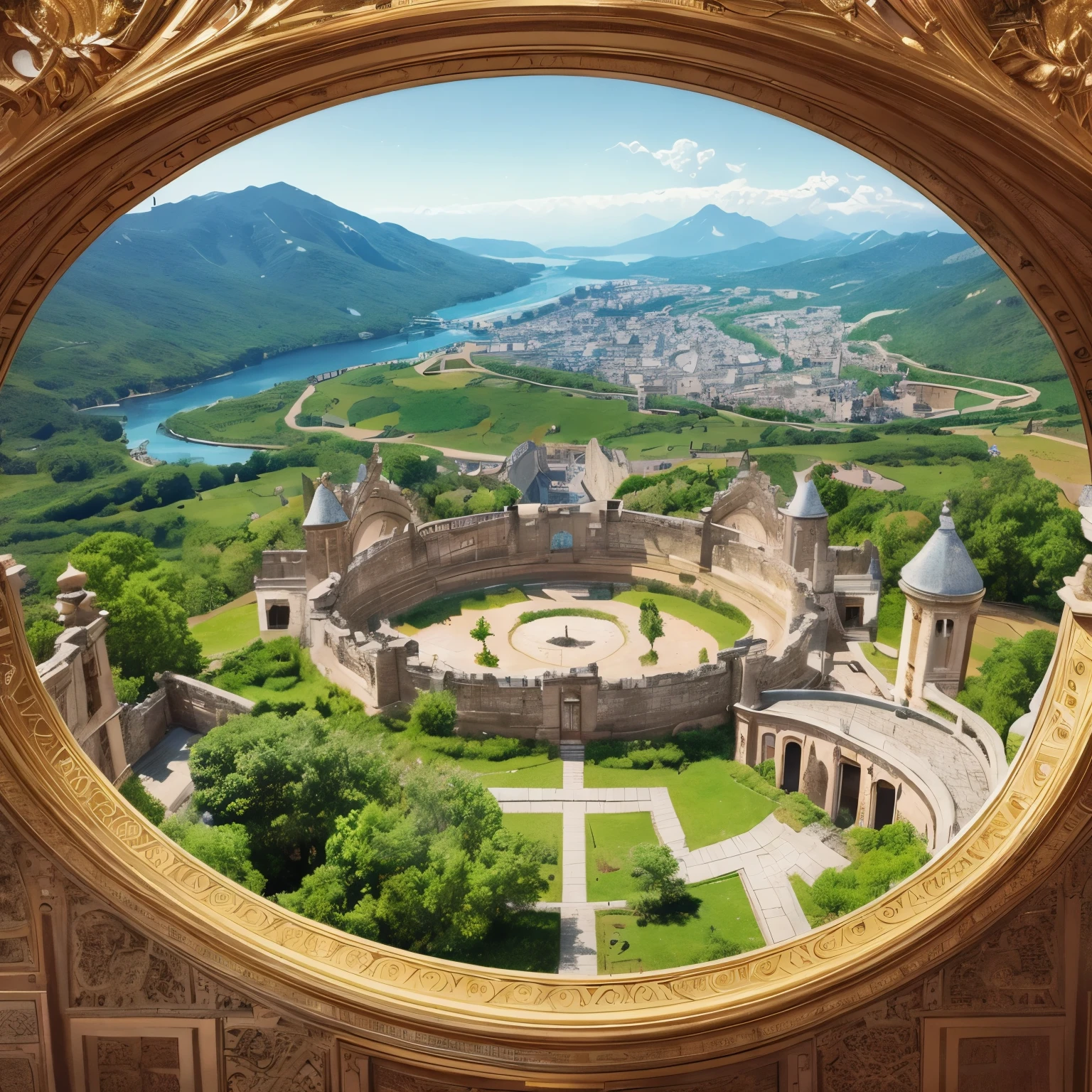 from few above, best quality, super fine, 16k, incredibly absurdres, extremely detailed, delicate, flashy and dynamic depiction, another world, KonoSuba, drawing of the round shaped city, map of the royal capital surrounded by stone walls and gates with depictions of gods and (river) running through the middle, Gothic, Romanesque, Baroque, Renaissance, Rococo, Art Nouveau, Northern Renaissance, anime illustrations, (magnificent view:1.5)