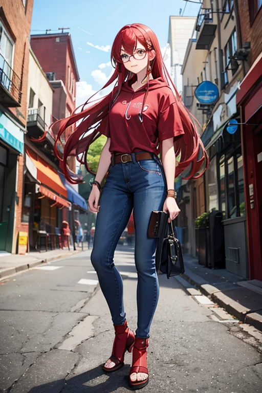 Man with long red hair, brown shirt, wearing glasses, gray short sleeve jacket hoodie, blue jeans,  red belt, red boots, annoyed expression, standing next to  woman with long pink hair, pink kimono, purple belt, pink eyes, smiling, pink sandals open toe